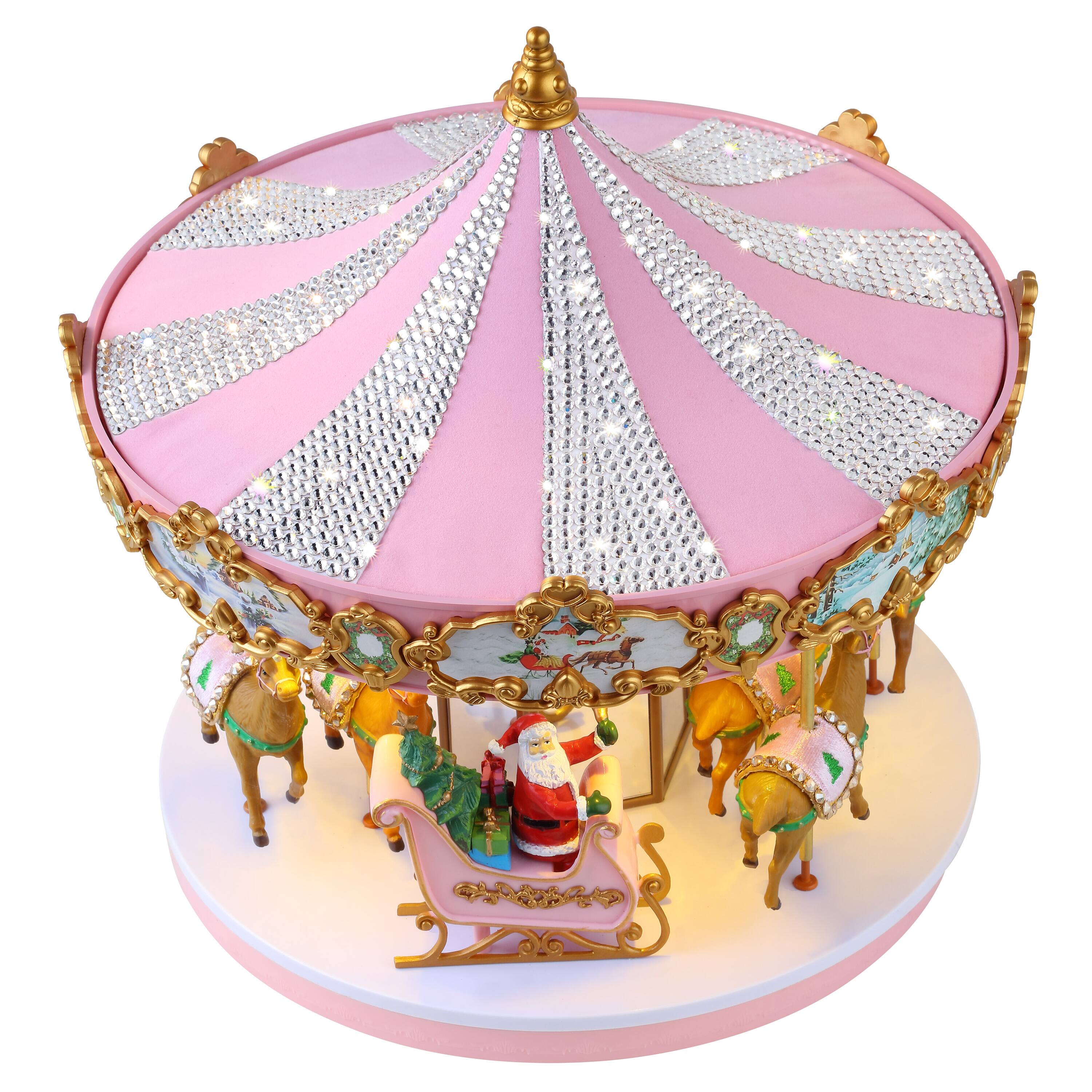 12" Animated & Musical Pink Crystal Carousel