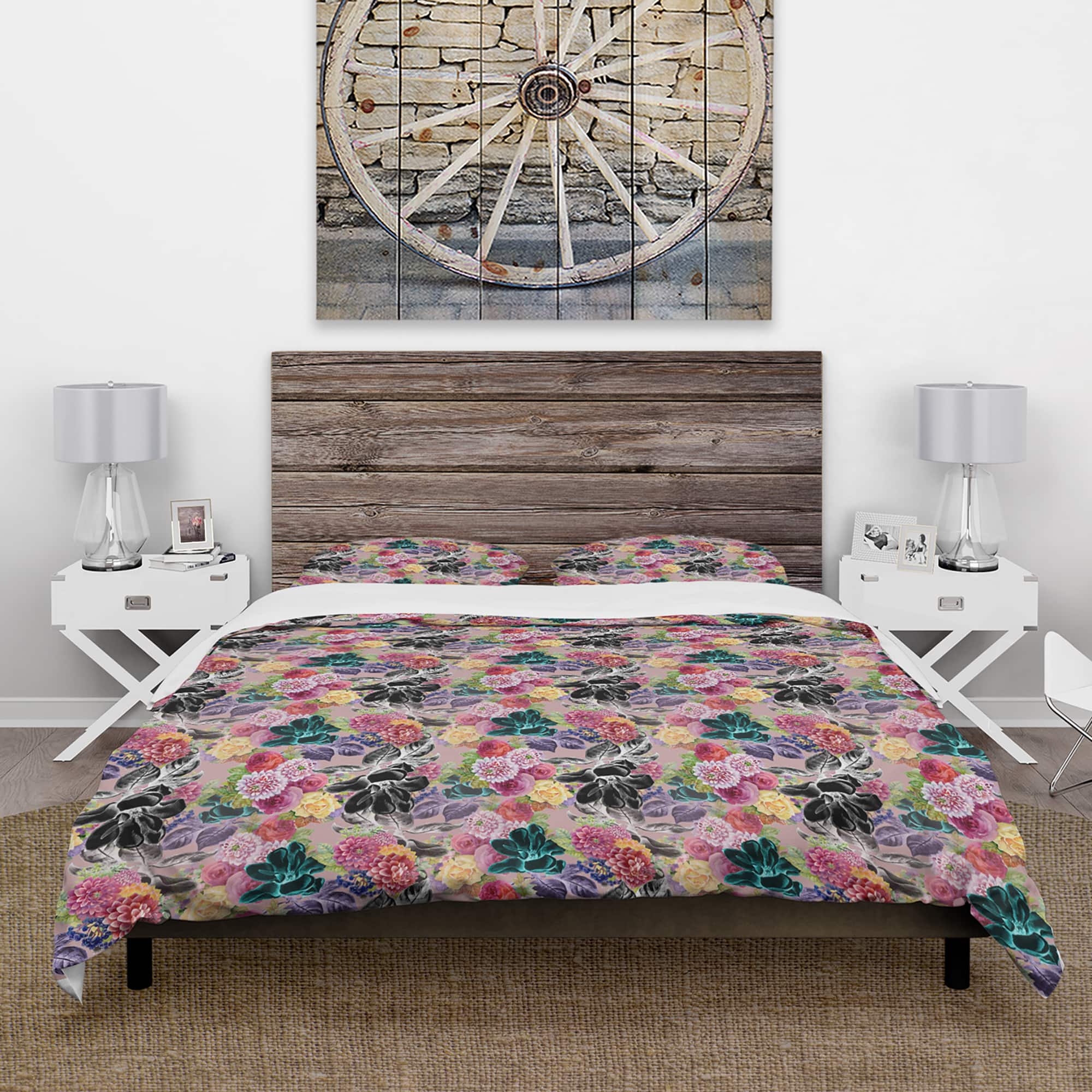 Designart &#x27;Black Chrysanthemum And Blooming Roses&#x27; Floral Bedding Set - Duvet Cover &#x26; Shams