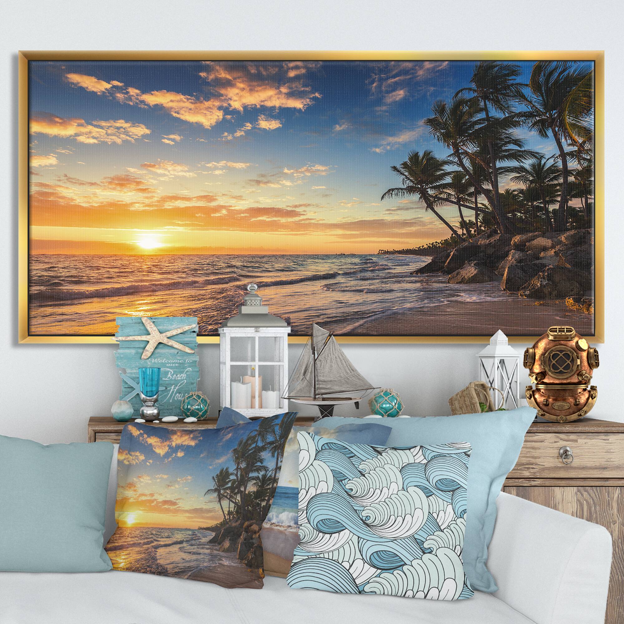 Designart - Paradise Tropical Island Beach with Palms - Extra Large Seascape Art Framed Canvas