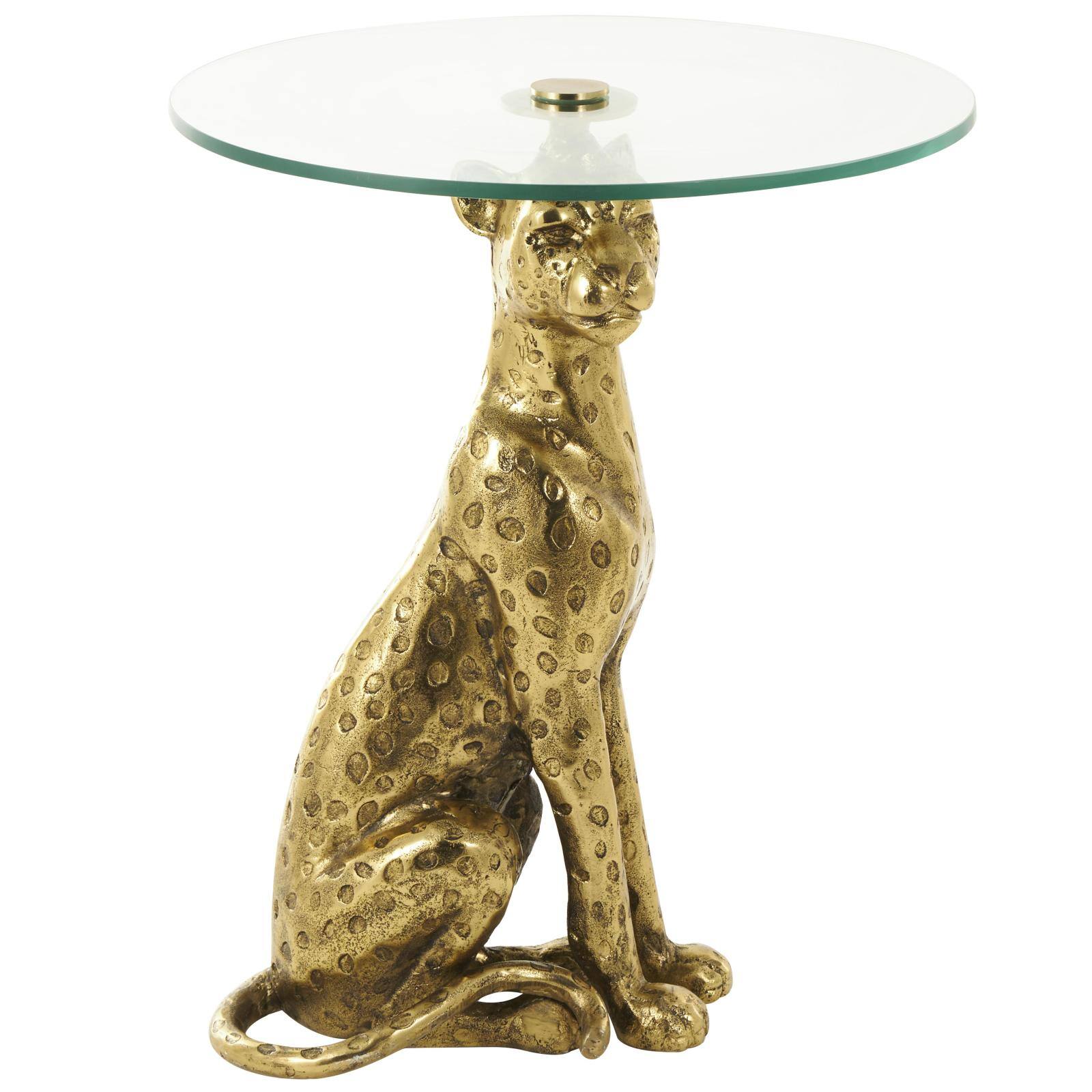 25&#x22; Gold Aluminum Leopard Spotted Sitting Accent Table with Glass Tabletop
