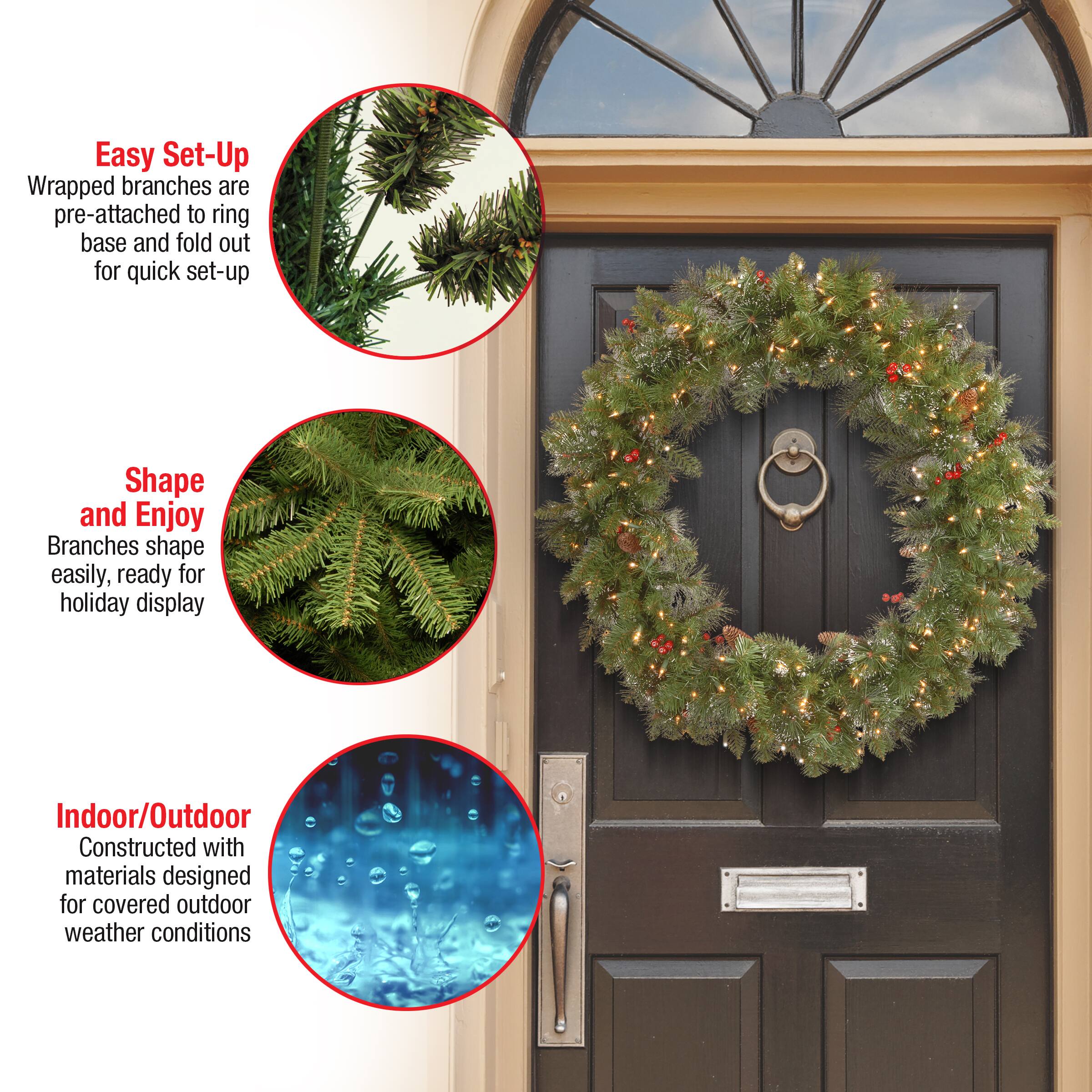 36&#x22; Crestwood Spruce Wreath with Silver Bristle, Cones, Red Berries &#x26; Glitter with 200ct. Clear Lights