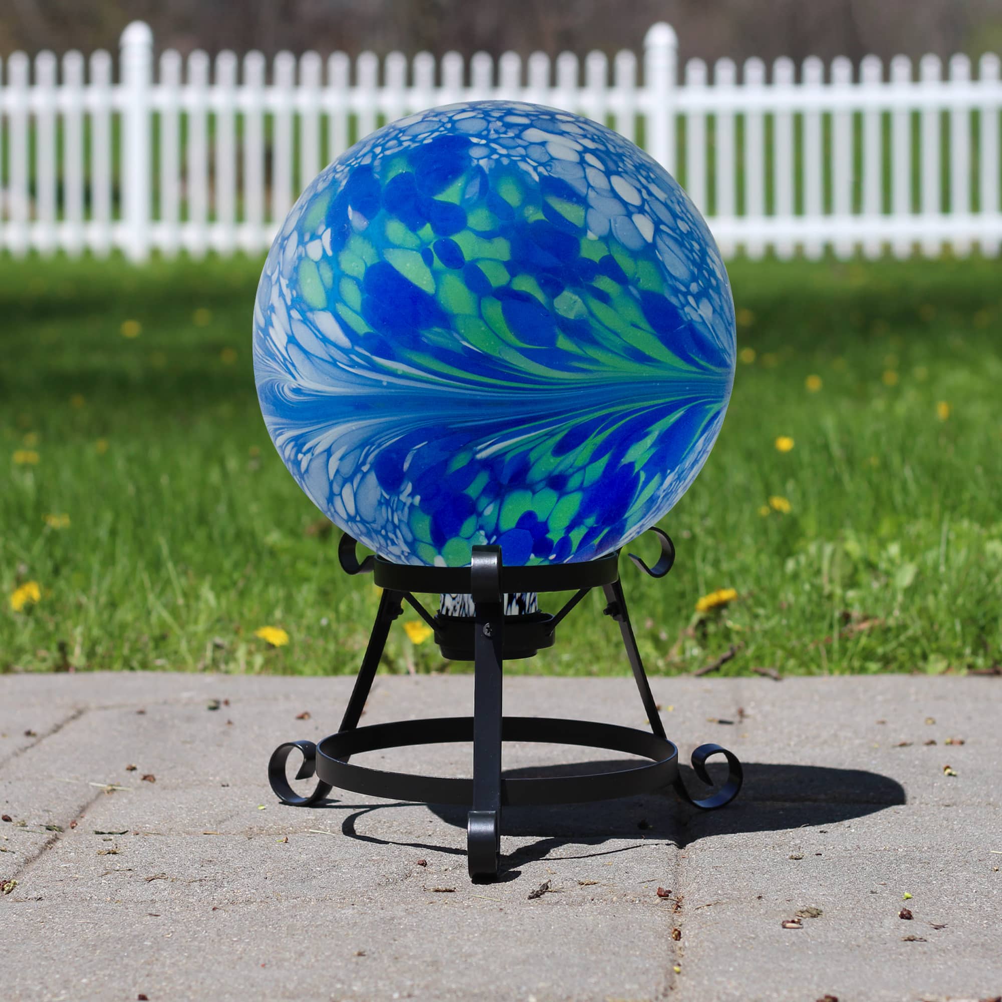 10&#x22; Blue White and Green Swirl Designed Glass Garden Gazing Ball