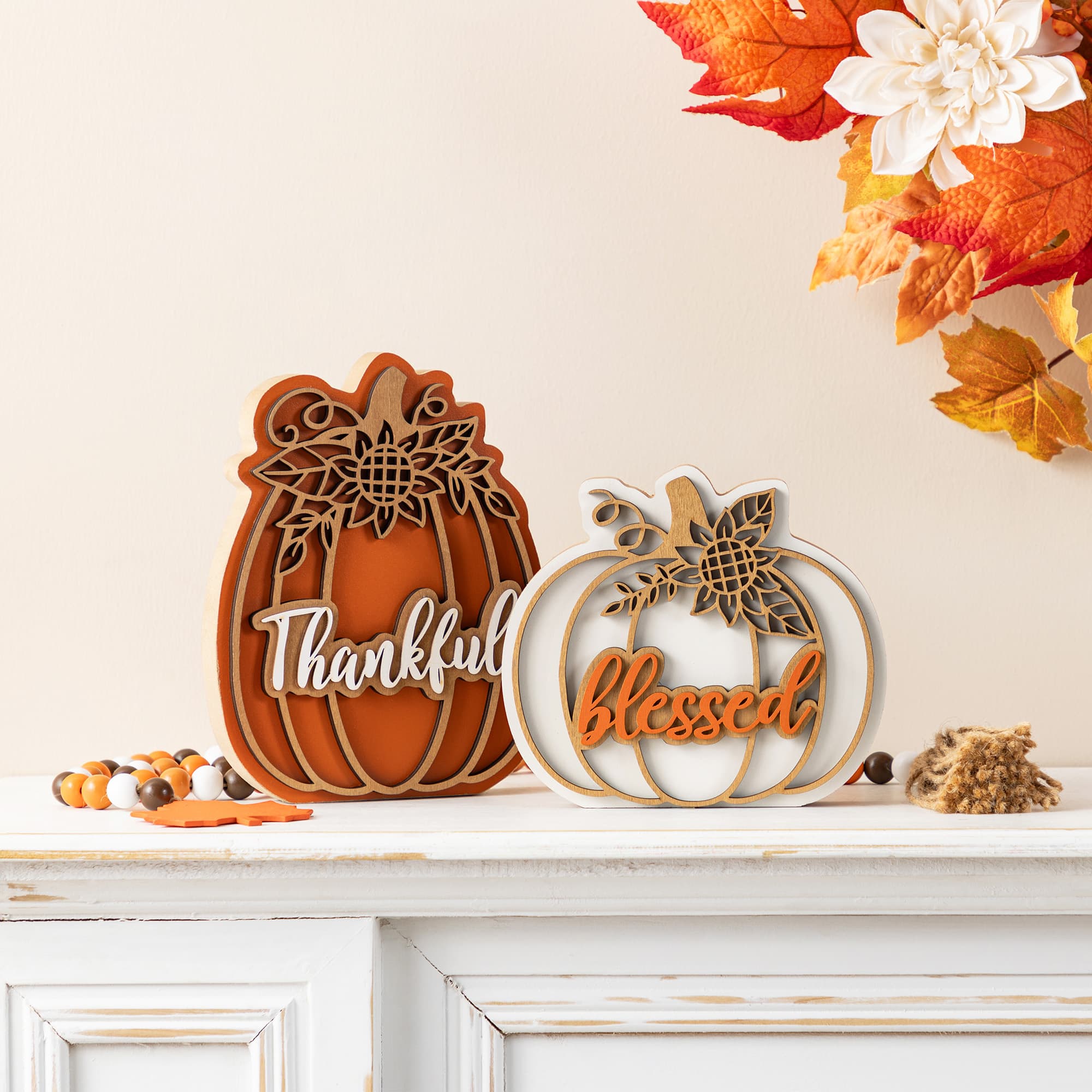 Glitzhome&#xAE; 8&#x22;H Thanksgiving Wooden Pumpkin Table Decor Set