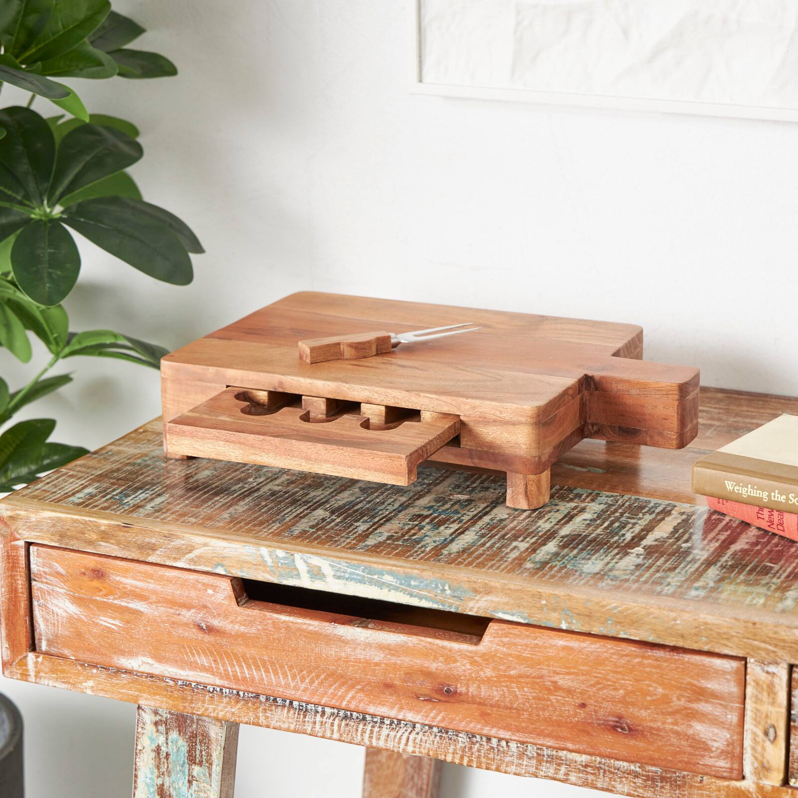 Brown Wood Handmade Cutting Board with 3 Cheese Knives Set