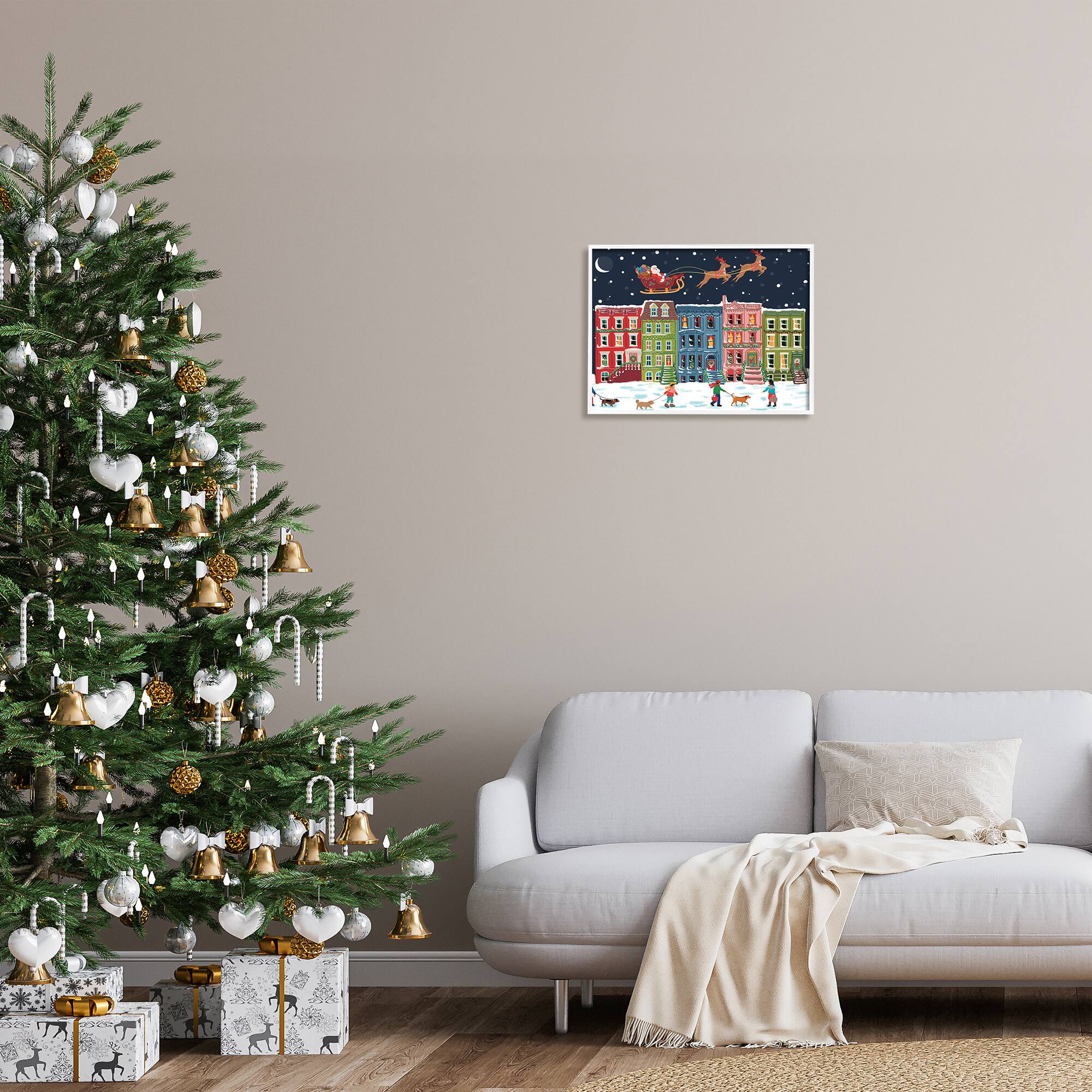 Stupell Industries Snowy Christmas Town Santa Overhead Framed Giclee Art