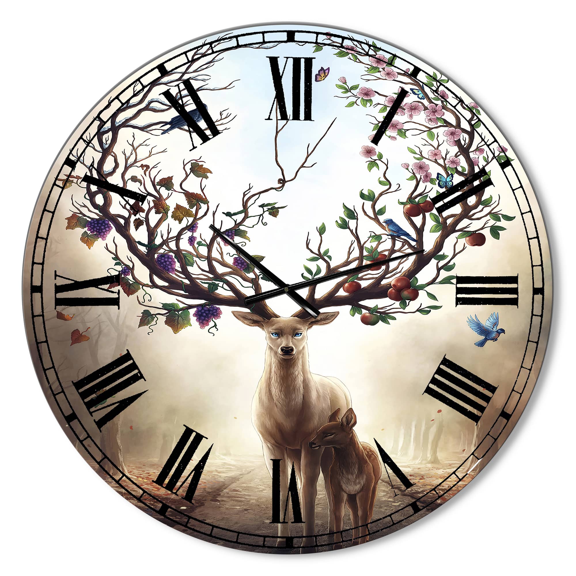 Designart &#x27;Deer With Blossoming Antlers Large Cottage Wall Clock
