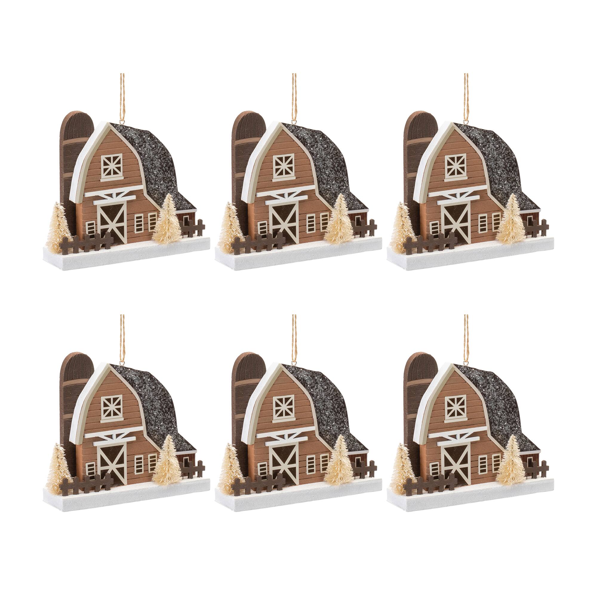 6 Pack 4.5" Glittered Plastic Barn Ornaments