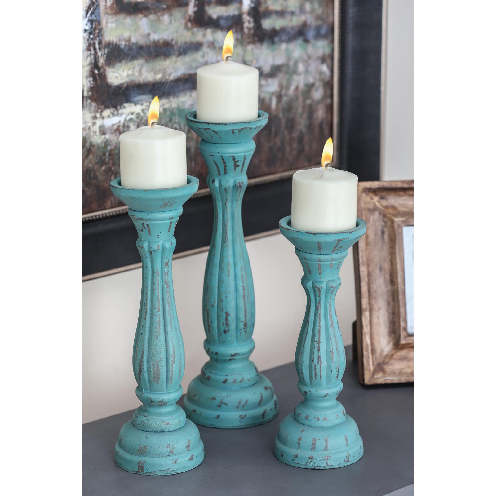 Blue Wood Traditional Candle Holder Set