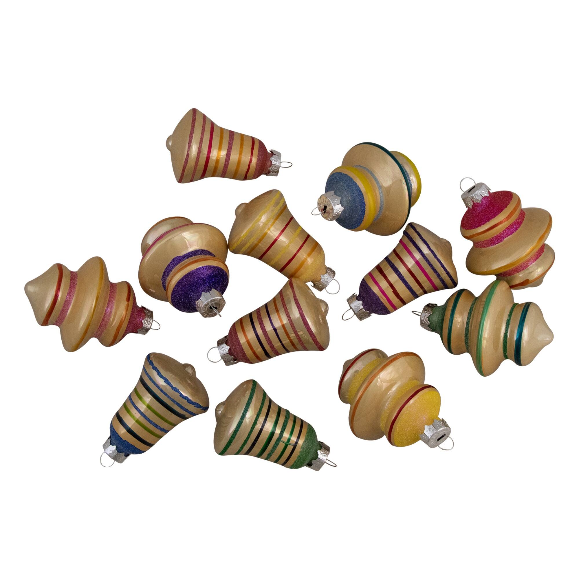12ct. 2.75&#x22; Purple &#x26; Yellow 2-Finish Striped Glass Finial &#x26; Bell Ornaments