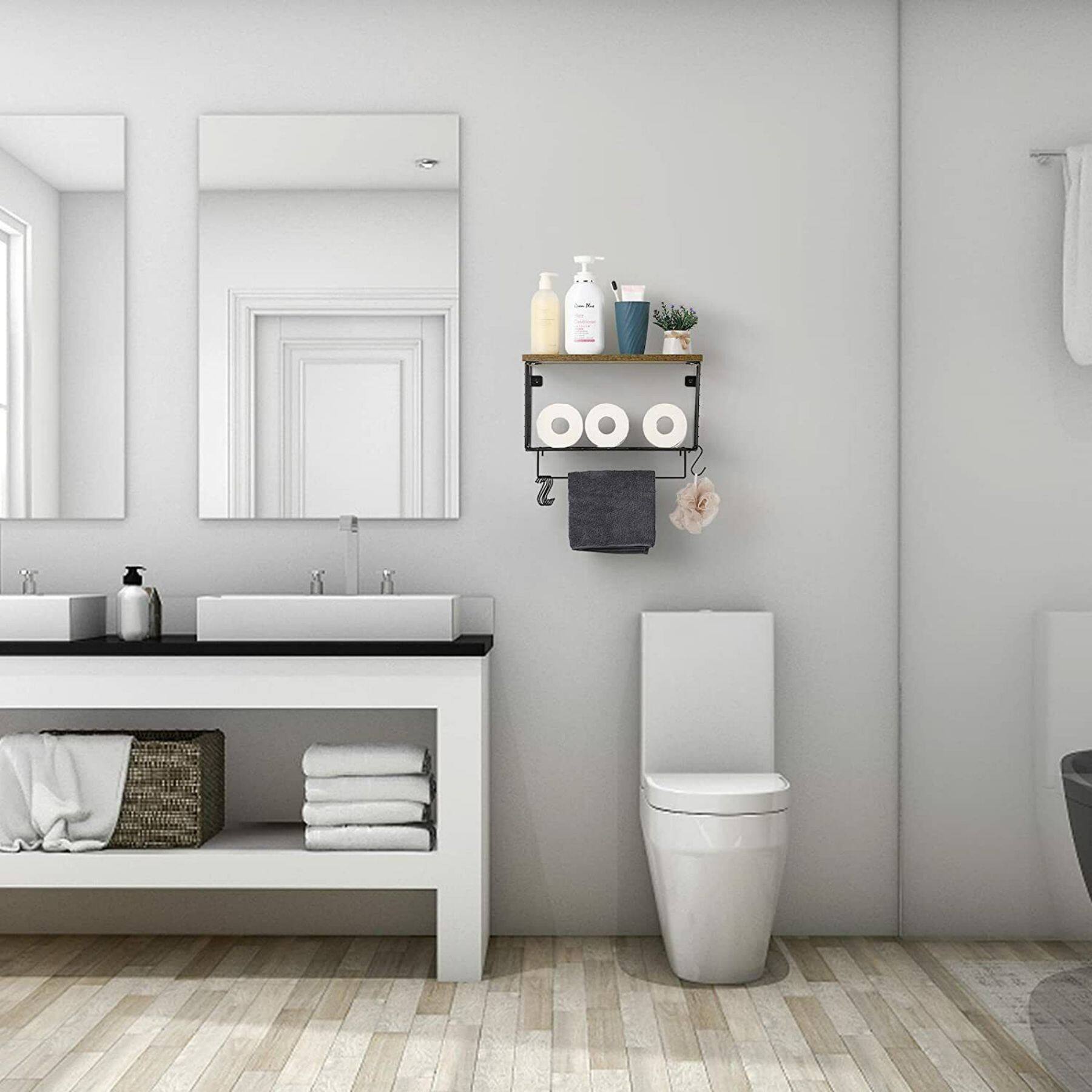 Wood & Metal Wall Mounted Bathroom Towel Rack with 6 Hooks