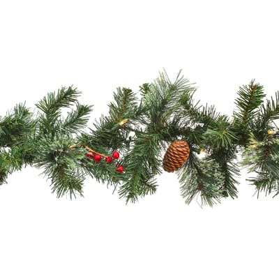 9ft. Christmas Glistening Pine & Red Berry Garland with Lights | Michaels