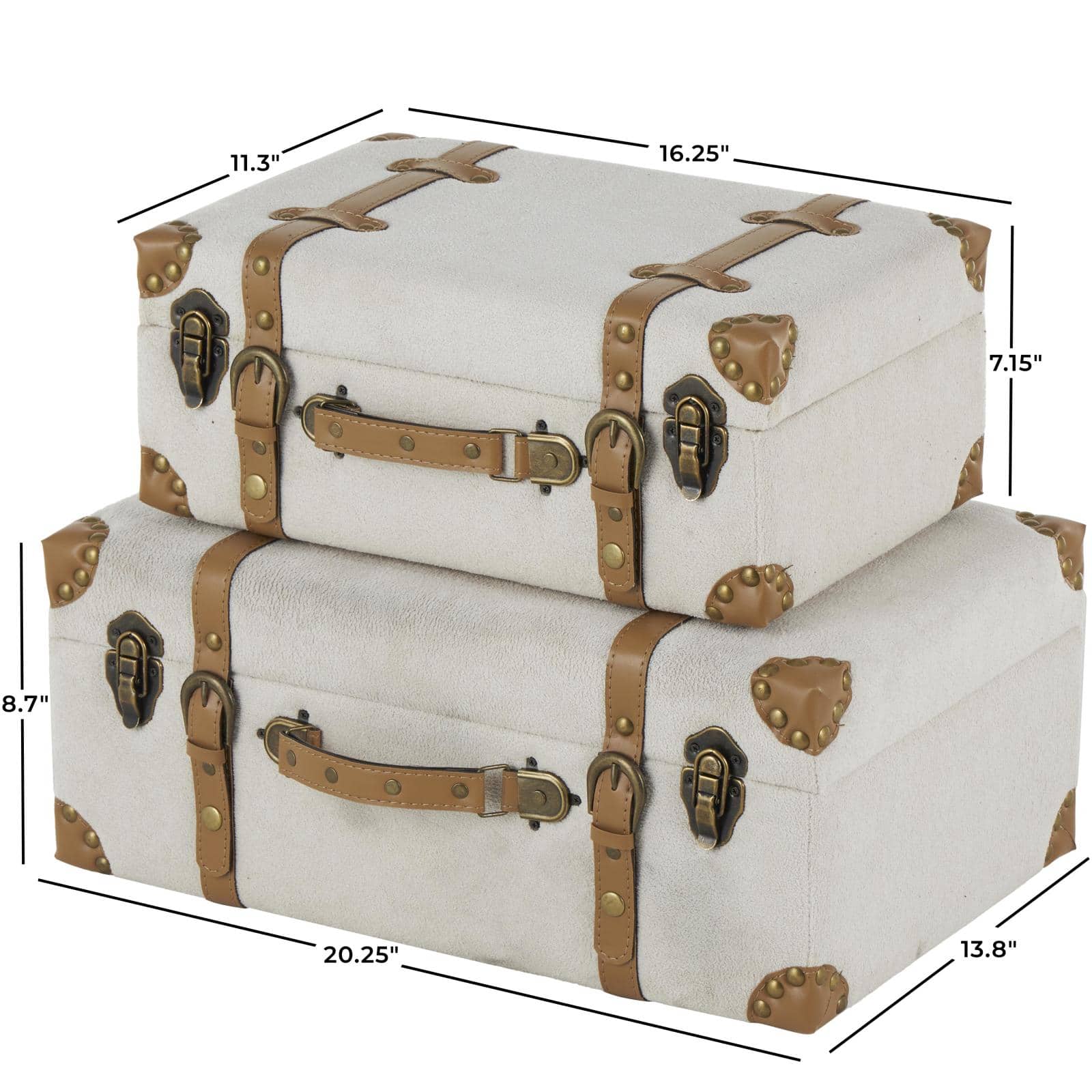 Light Gray Wooden Vintage Storage Trunk Set with Brown Leather Accents & Bronze Latches