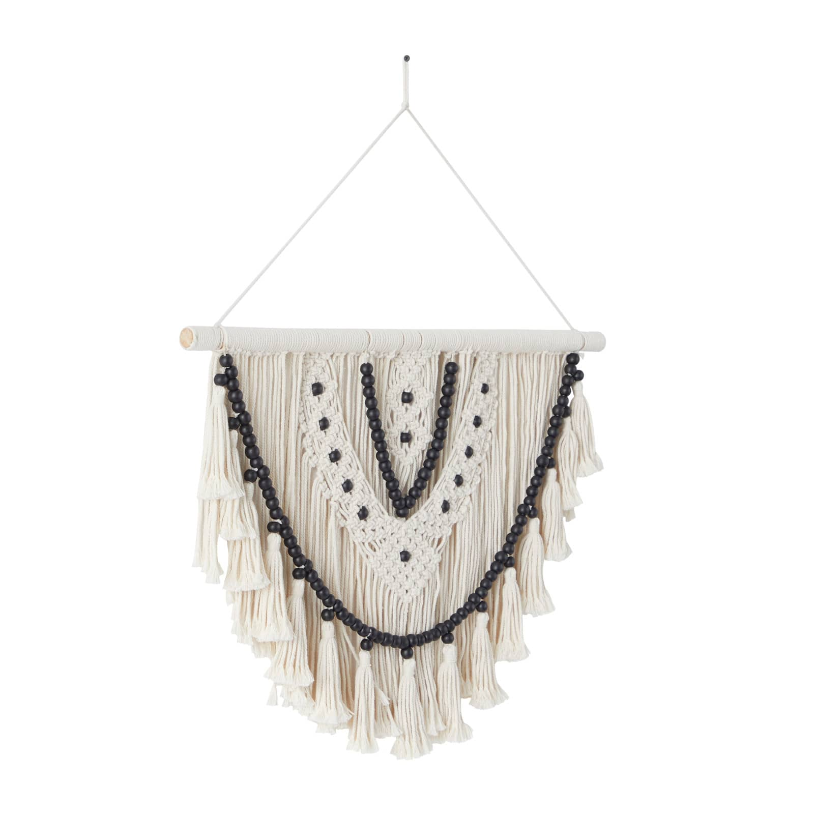 White Cotton Handmade Intricately Weaved Macrame Wall Decor with Beaded Fringe Tassels 28&#x22; x 1&#x22; x 32&#x22;