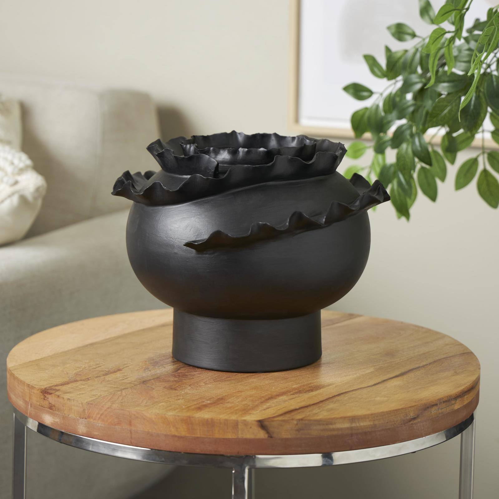 11.5" Black Wide Abstract Floral Ceramic Vase with Layered Petals