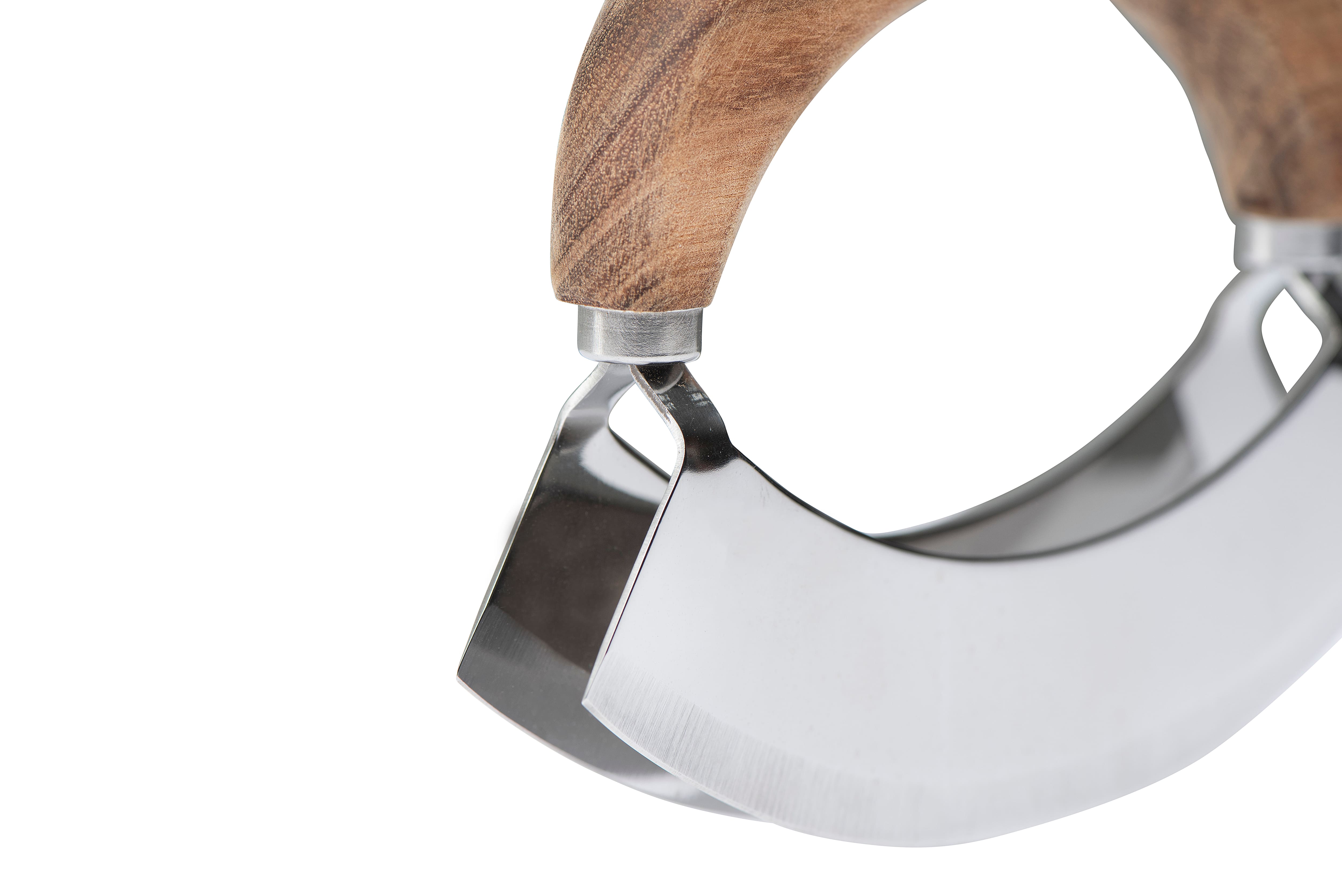 Hello Honey® Natural Acacia Wood and Stainless Steel Italian Mezzaluna Knife with Square Cutting Board Set