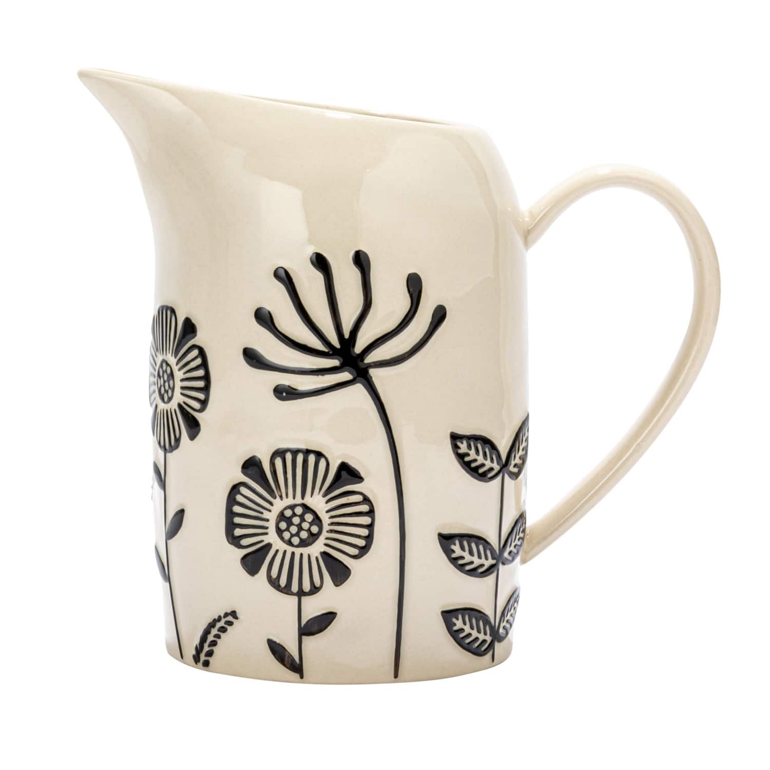 Hello Honey® 62oz. Cream & Black Hand-Painted Embossed Flowers Stoneware Pitcher