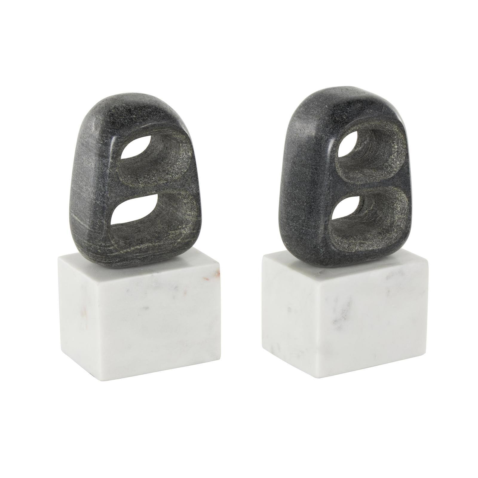 8.25" White & Black Marble Geometric Cutout Oval Bookend Set with Block Base