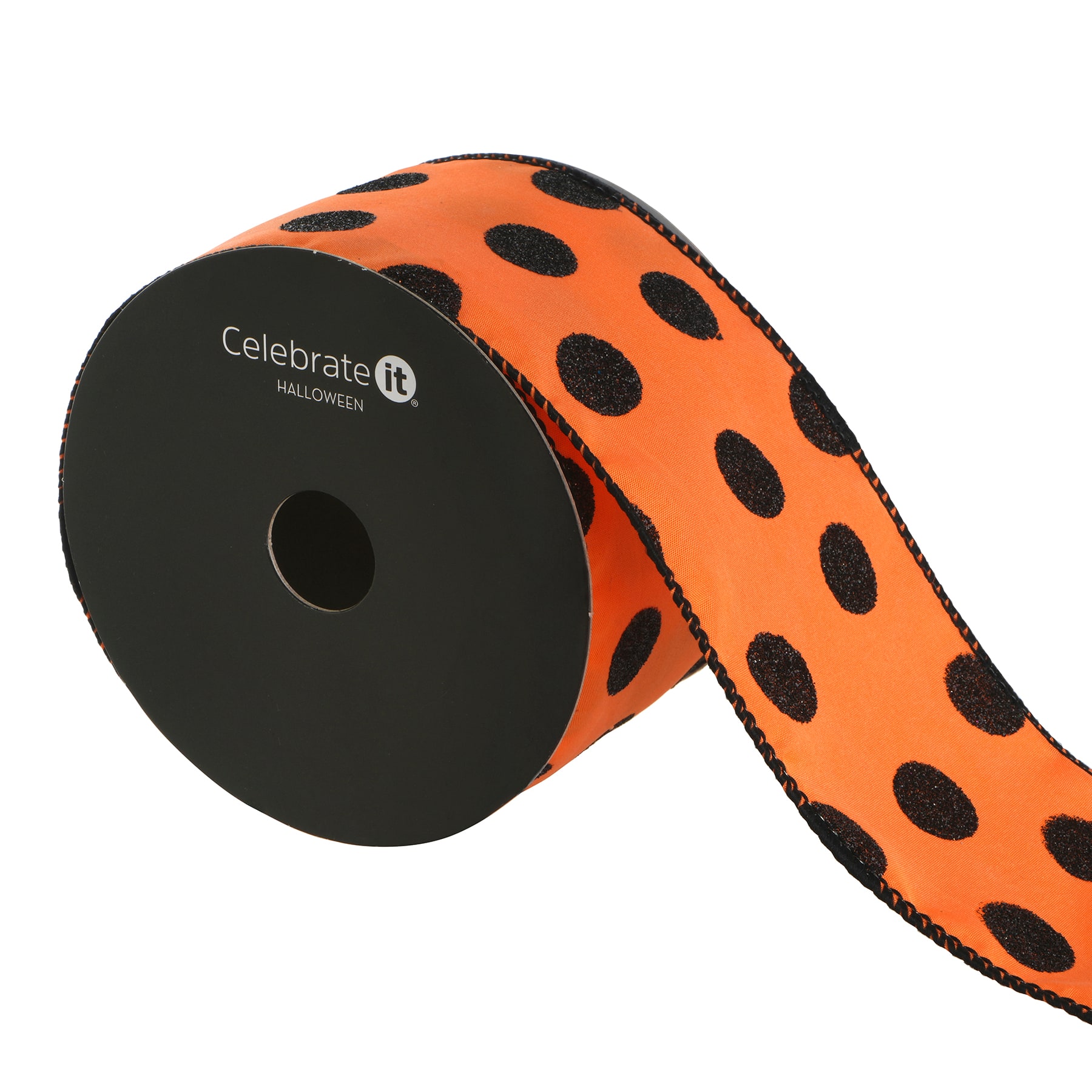 2.5&#x22; x 6.6yd. Orange with Black Glitter Dots Wired Faux Linen Ribbon by Celebrate It&#xAE;