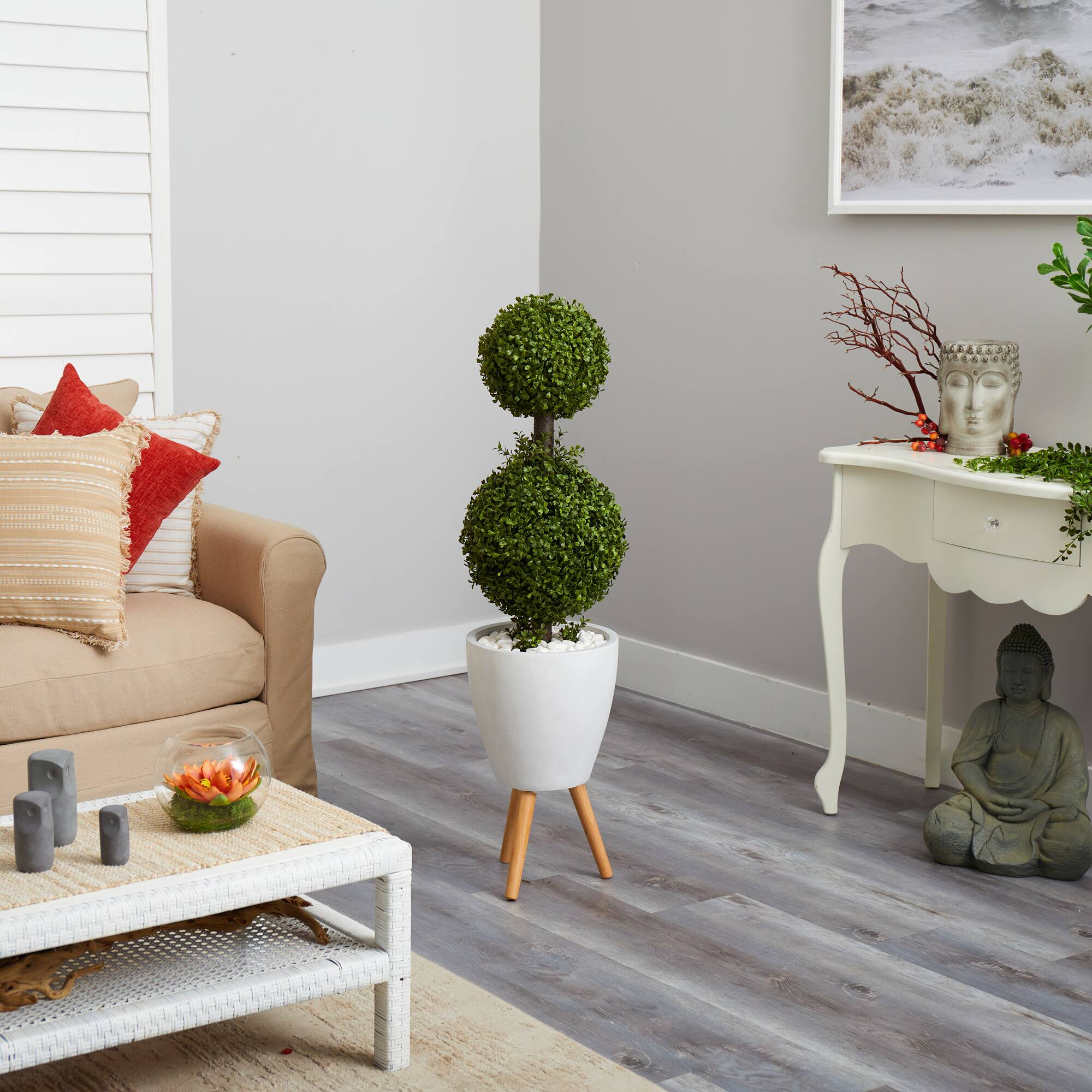 4ft. Double Boxwood Topiary Tree in White Planter with Stand