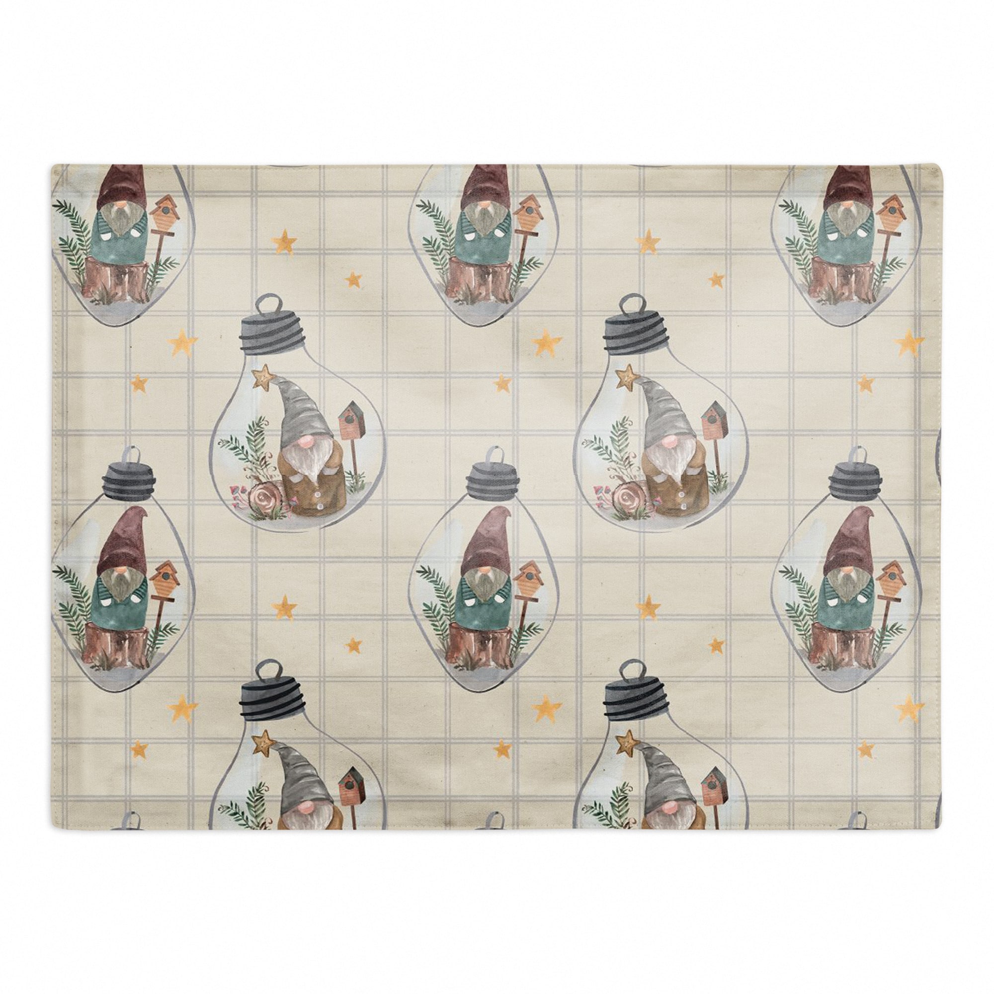 Cream &#x26; Gray Check Gnome Globe Pattern Cotton Twill Placemat