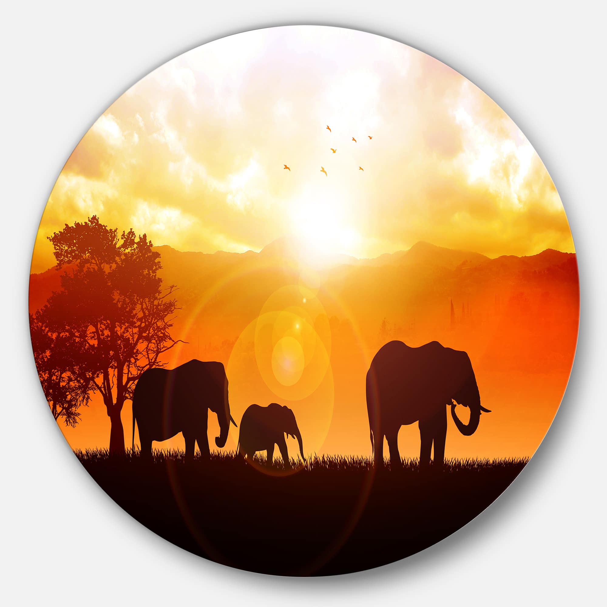 Designart - Elephants Walking At Sunset' African Metal Circle Wall Art