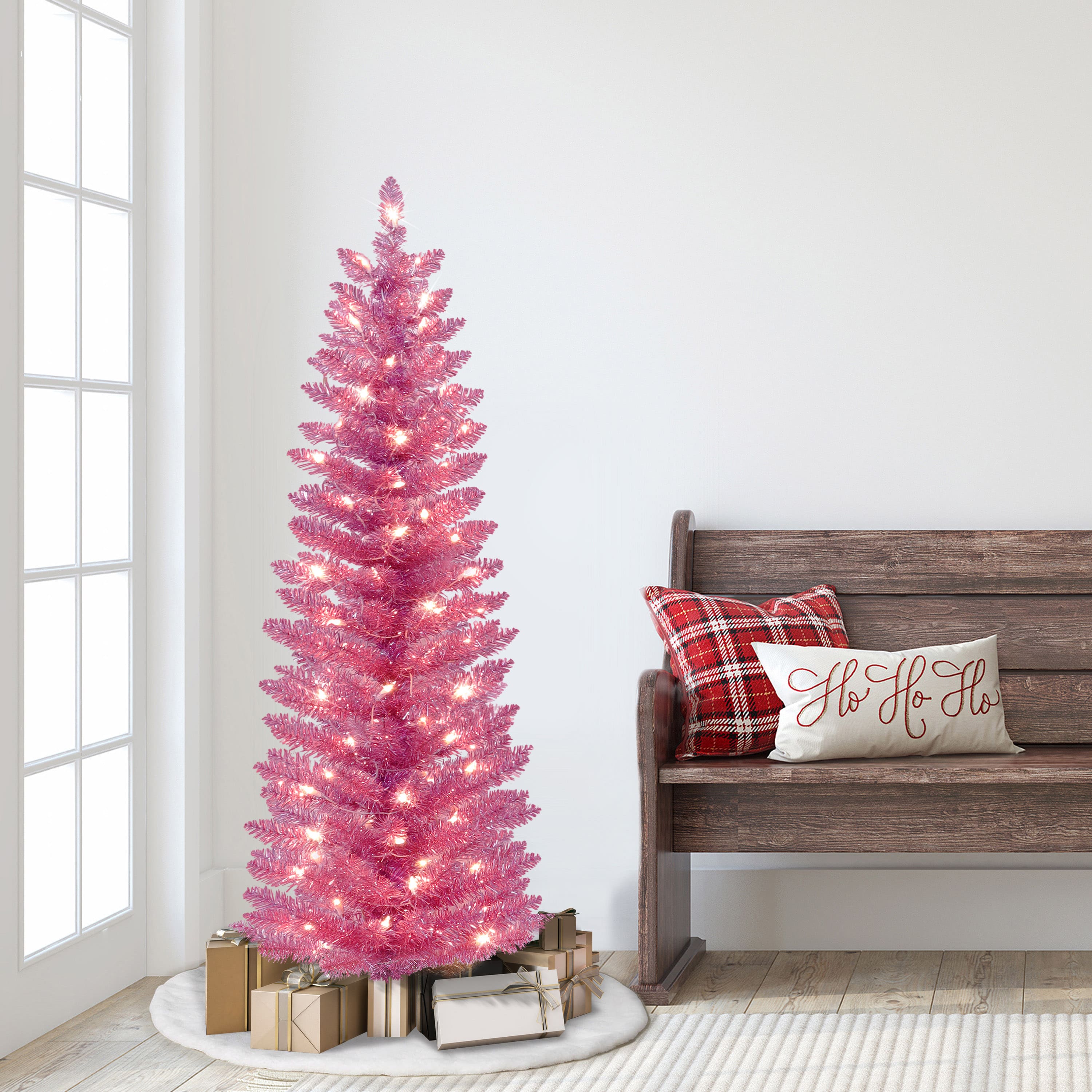 4.5ft. Pre-Lit Pink Tinsel Artificial Christmas Tree, Clear Lights