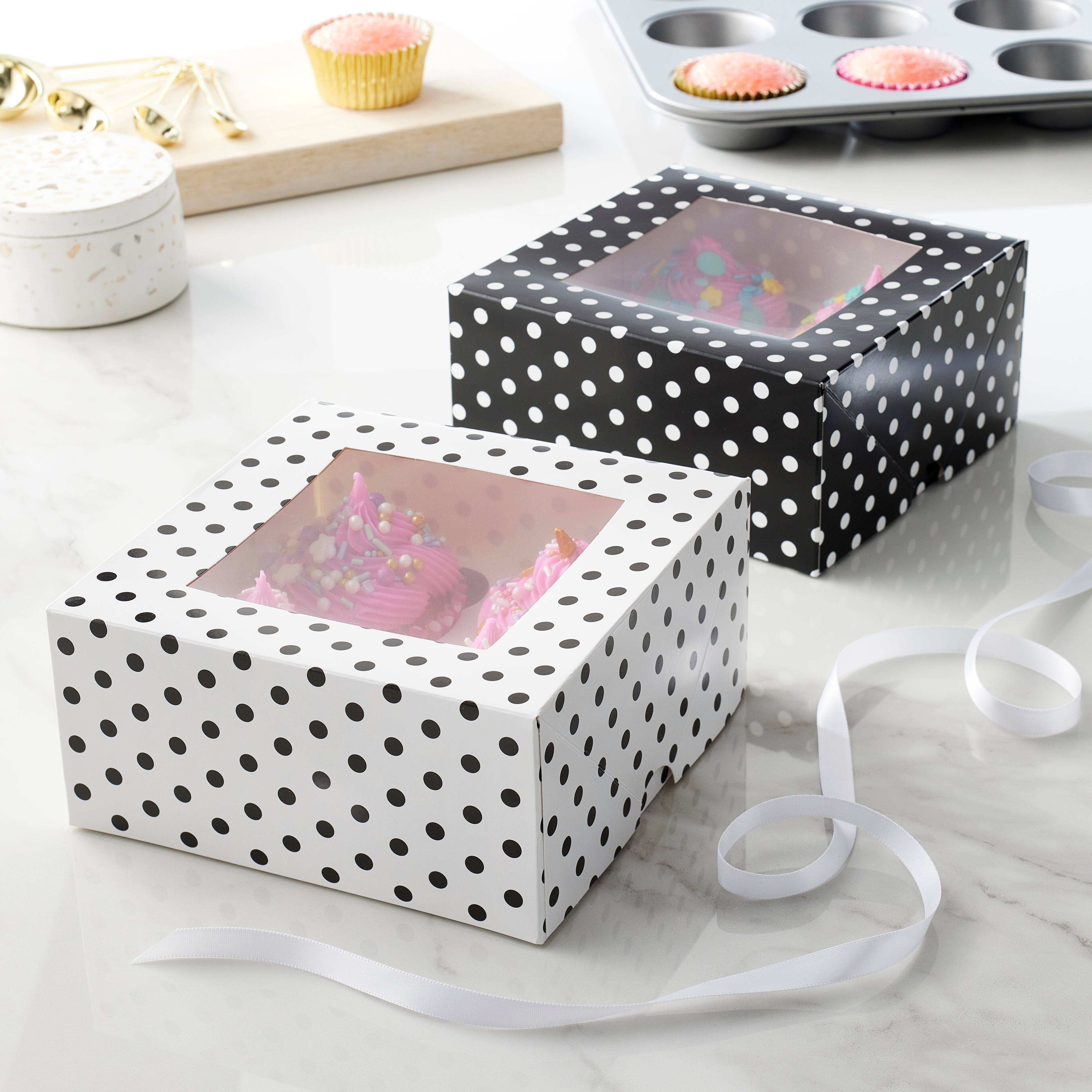 6 Packs 3 ct. (18 total) Black &#x26; White Polka Dot Cupcake Boxes by Celebrate It&#xAE;