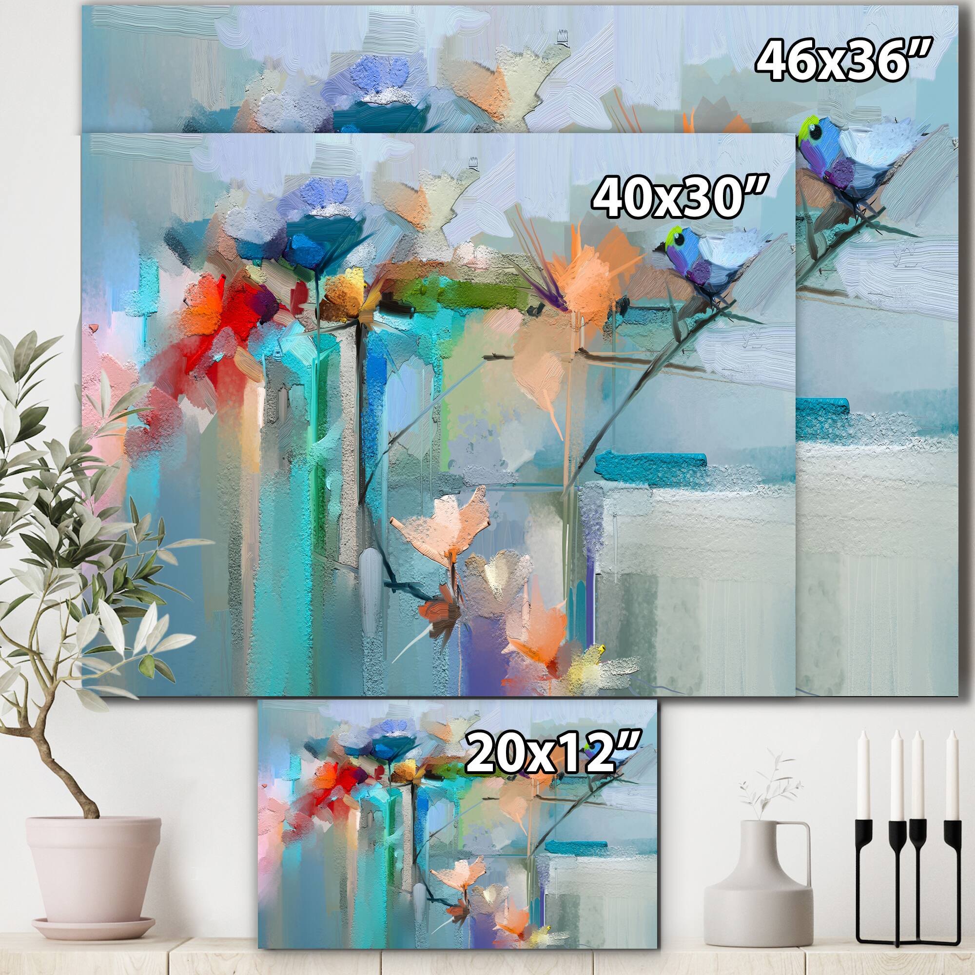 Designart - Abstract Red Blue And Pink Flowers - Farmhouse Canvas Wall Art Print