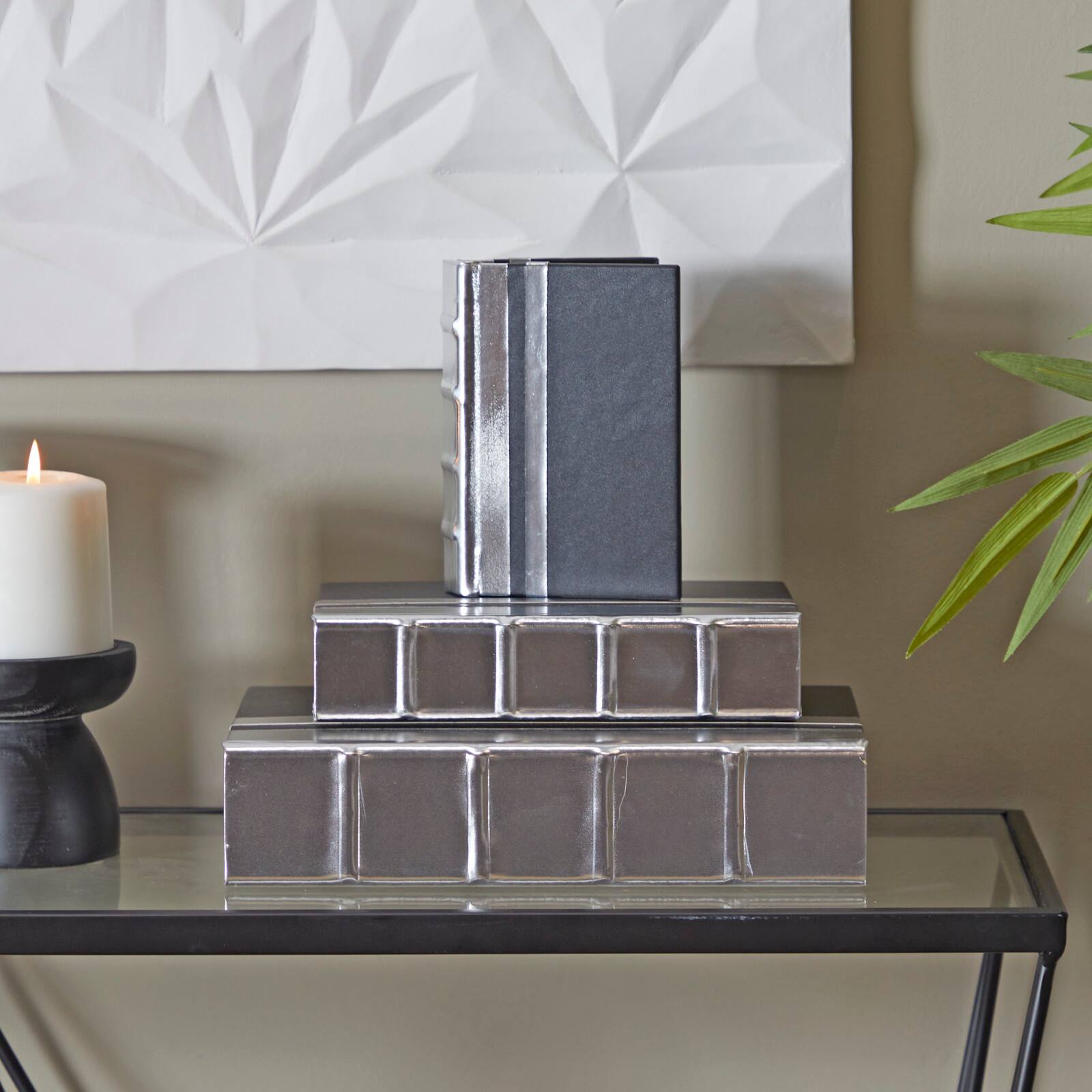 CosmoLiving by Cosmopolitan Silver Faux Leather Faux Book Box with Metallic Finish Set