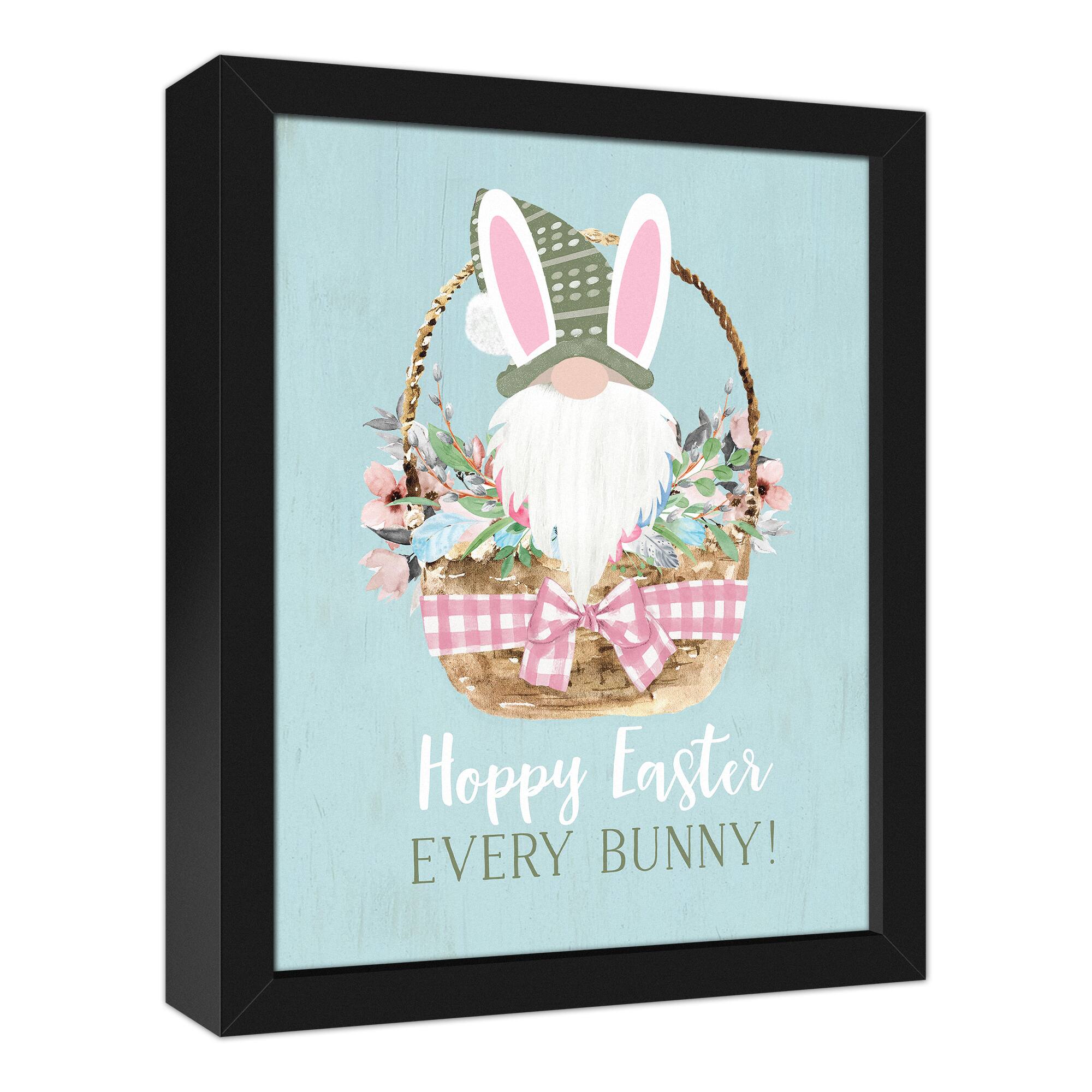 Gnome Bunny Basket Black Framed Canvas