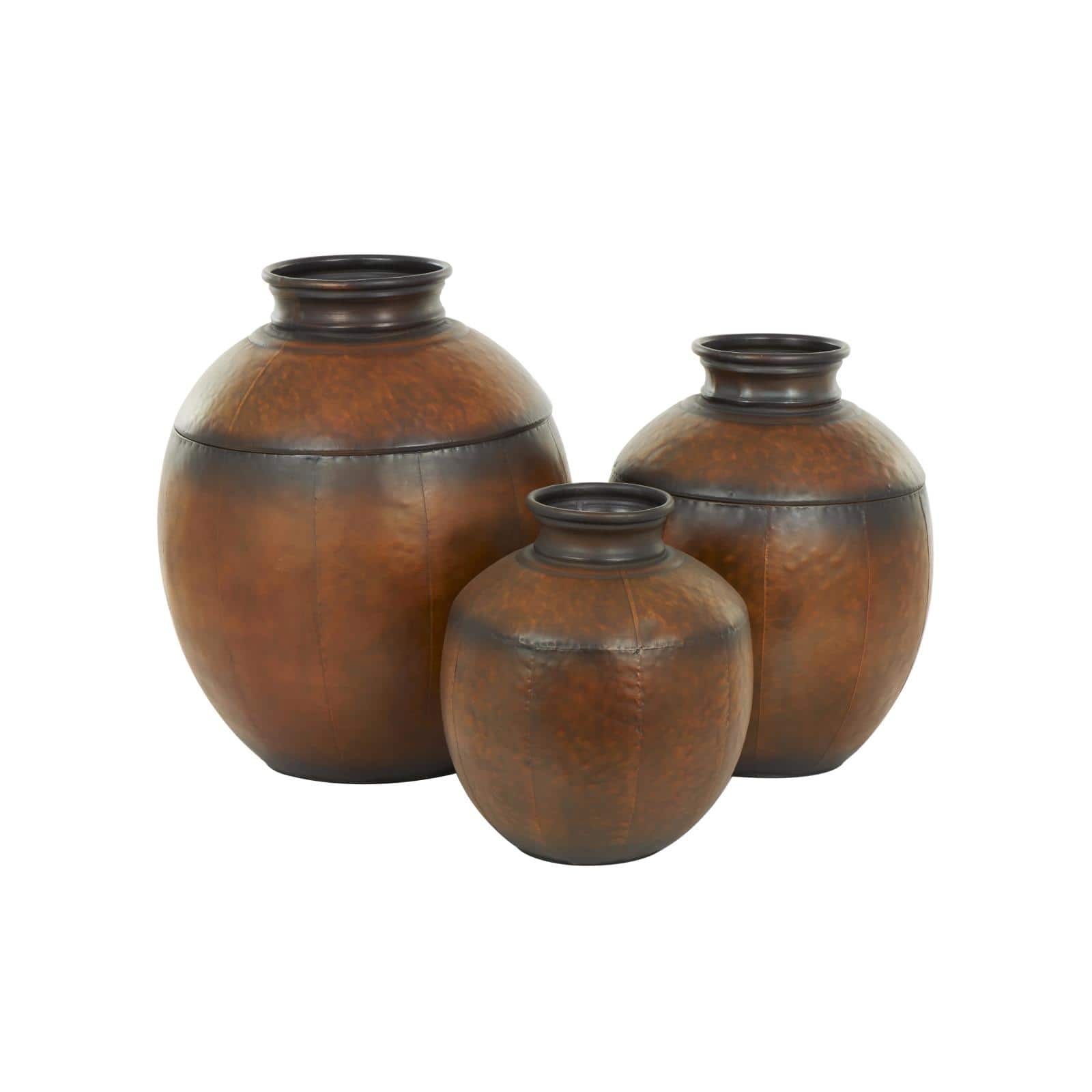Brown Metal Antique Style Round Pot Floor Vase Set