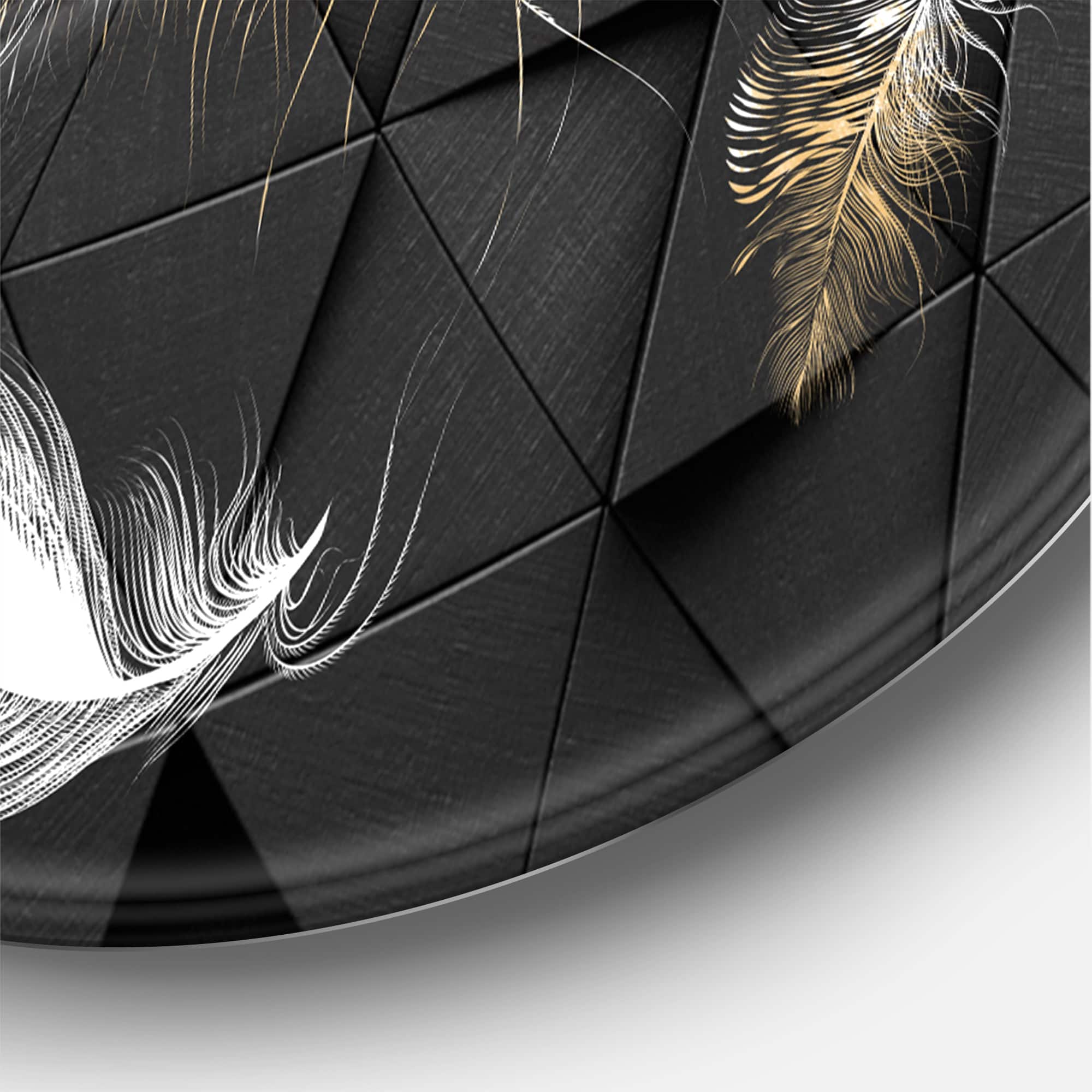 Designart - White and Gold Feathers On Triangular - Modern Metal Circle Wall Art