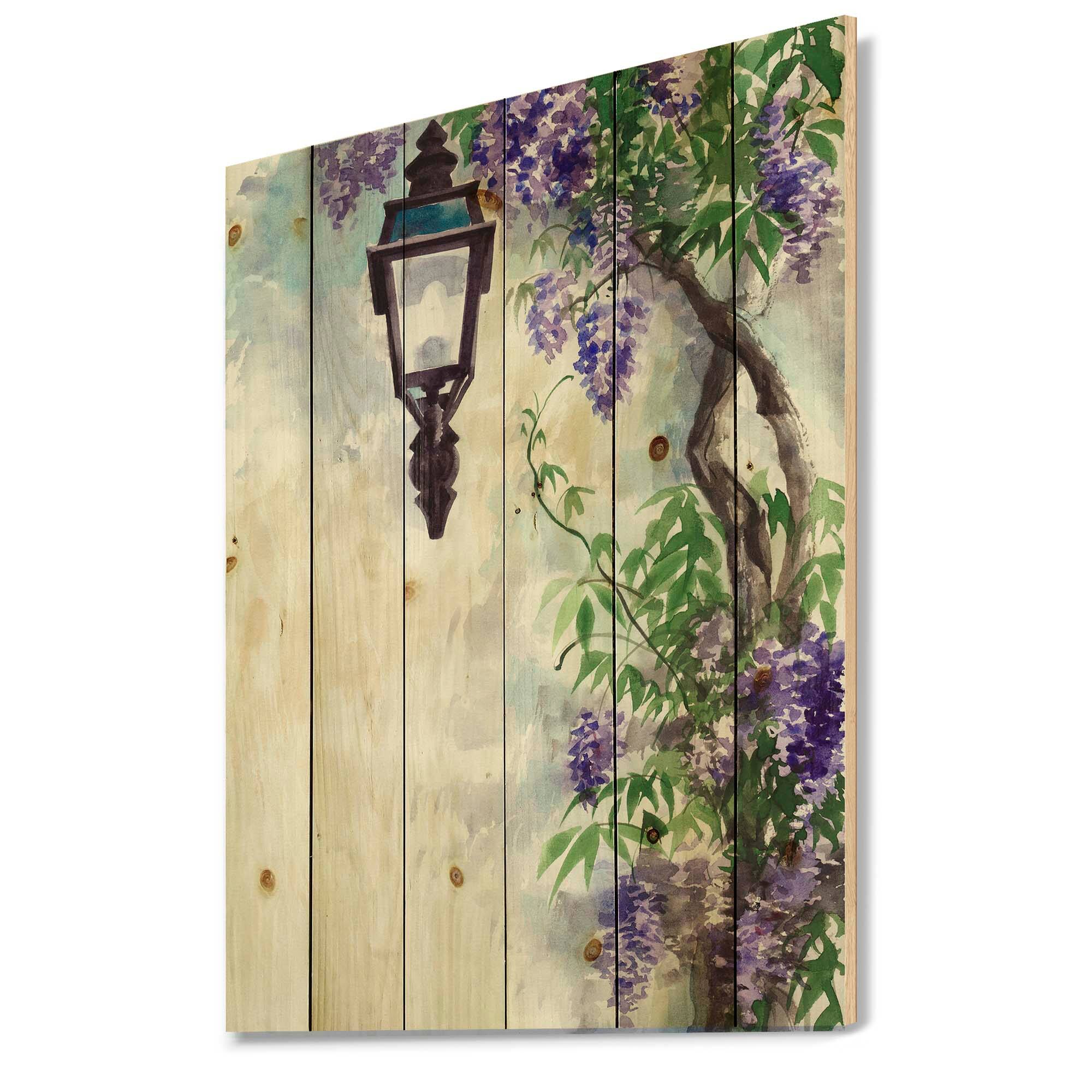 Designart - Lilac Lantern Vintage Impression - Traditional Print on Natural Pine Wood
