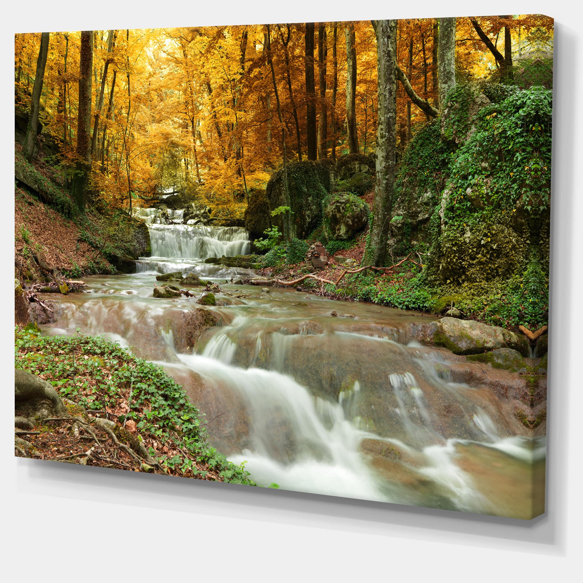 Designart - Forest Waterfall with Yellow Trees - Large Landscape Canvas Art Print
