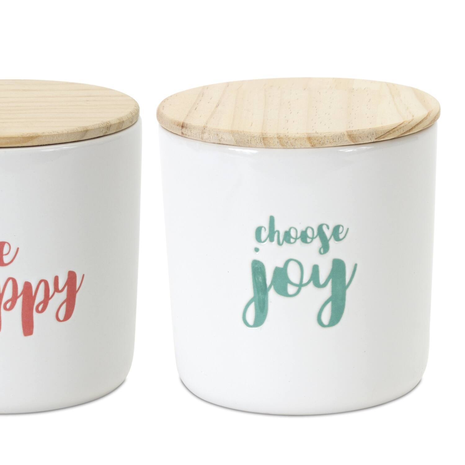 Happy Sentiment Stoneware Canisters with Wood Lids Set