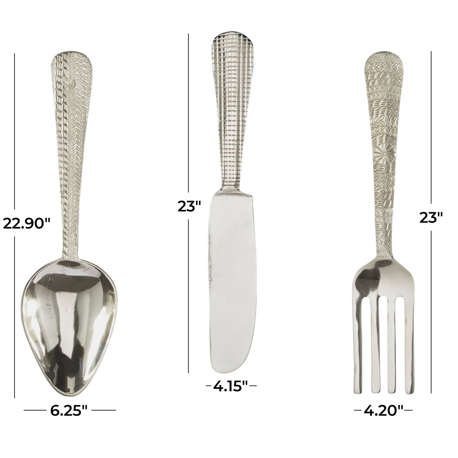 Silver Aluminum Knife, Spoon and Fork Utensils Wall Decor Set of 3 23&#x22;, 23&#x22;, 23&#x22;
