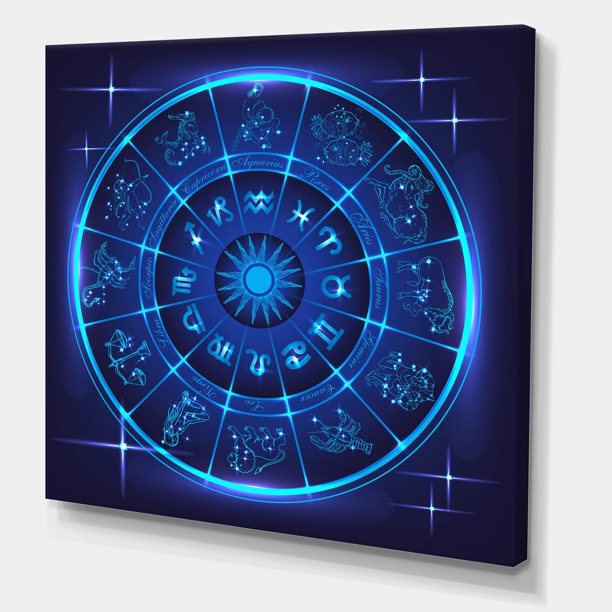 Designart - Neon Deep Blue Horoscope Circle With Zodiac Signs - Modern Canvas Wall Art Print