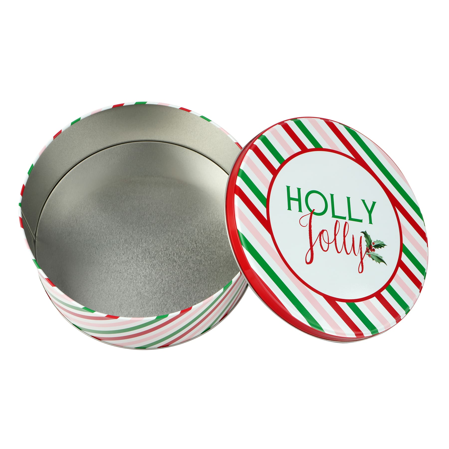Holly Jolly Stripes Round Christmas Tin by Makery™