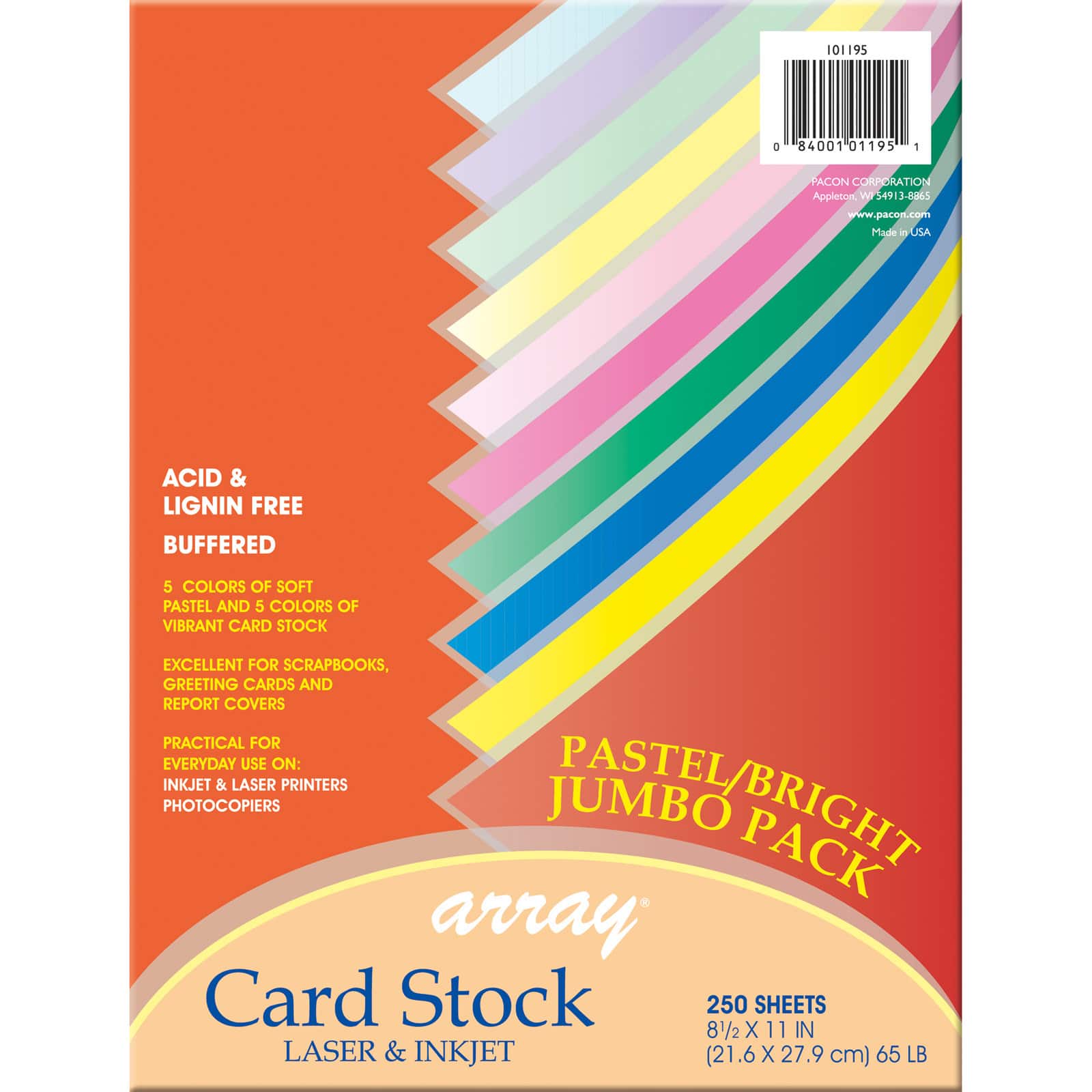Pacon Array Card Stock, Assorted Colors, Letter, 65 lbs - 250 count