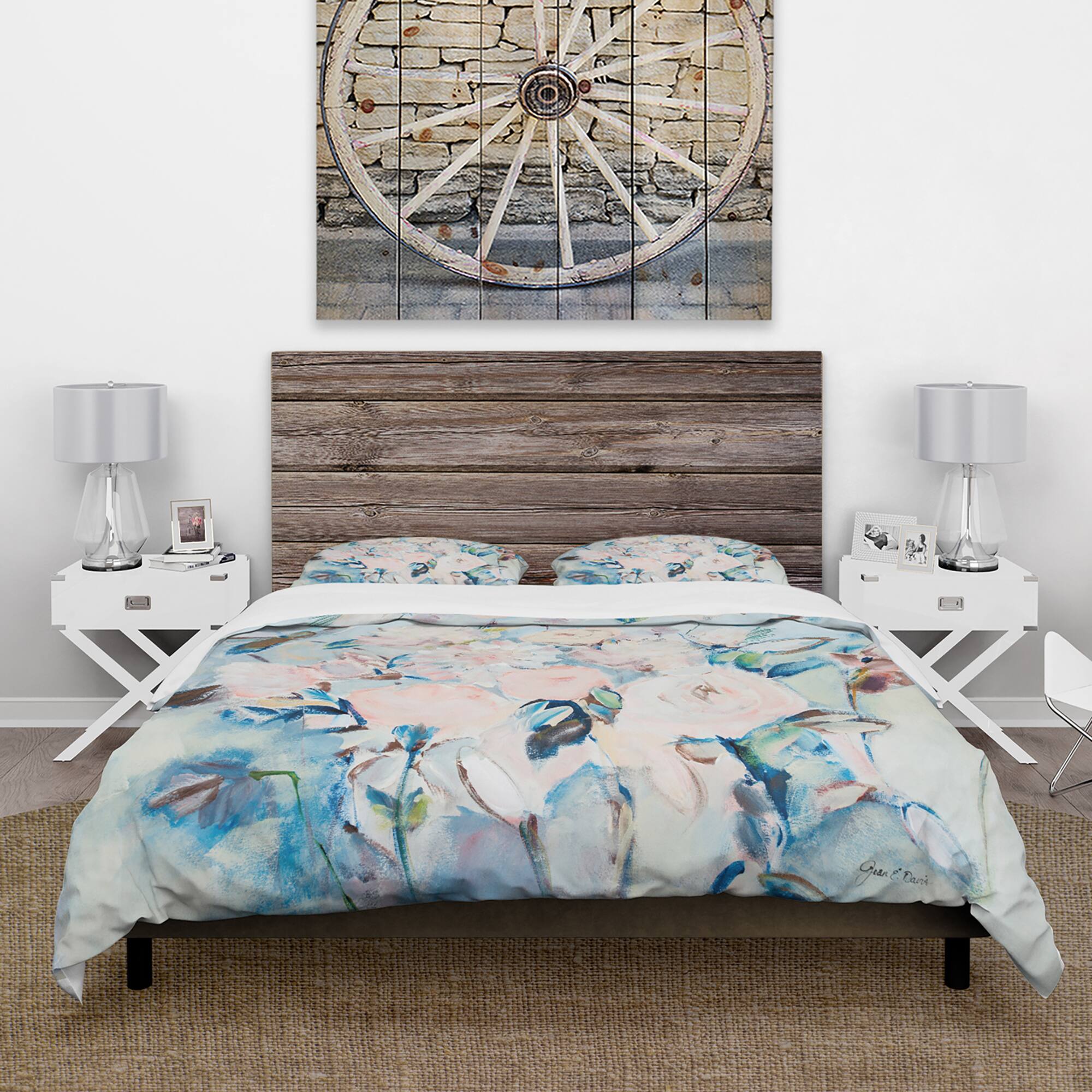 Designart &#x27;Abstract Pink Flowers Farmhouse Waterpainting&#x27; Farmhouse Bedding Set - Duvet Cover &#x26; Shams
