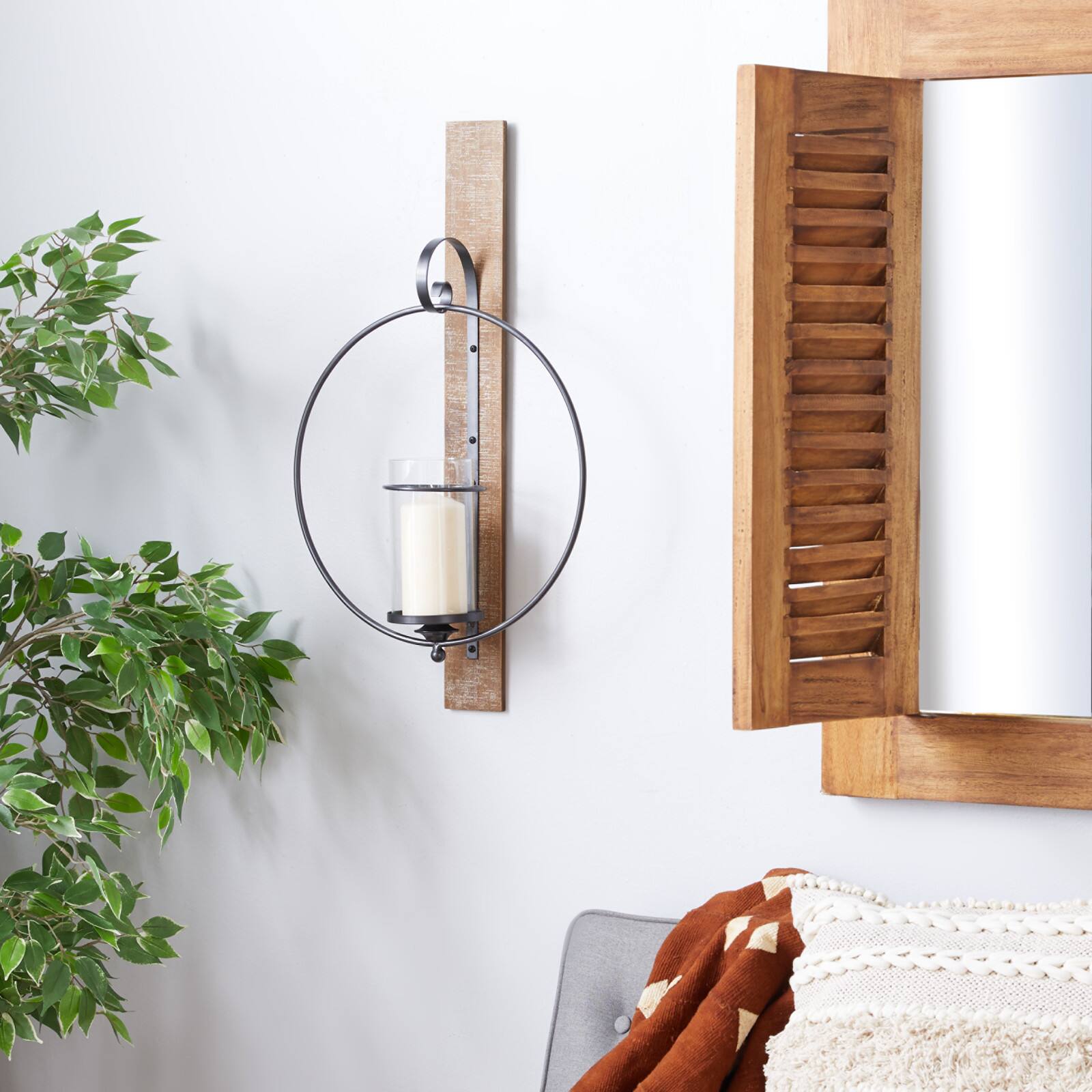 Farmhouse Brown Wood And Metal Wall Candle Holder, 28&#x22; x 16&#x22; x 6&#x22;