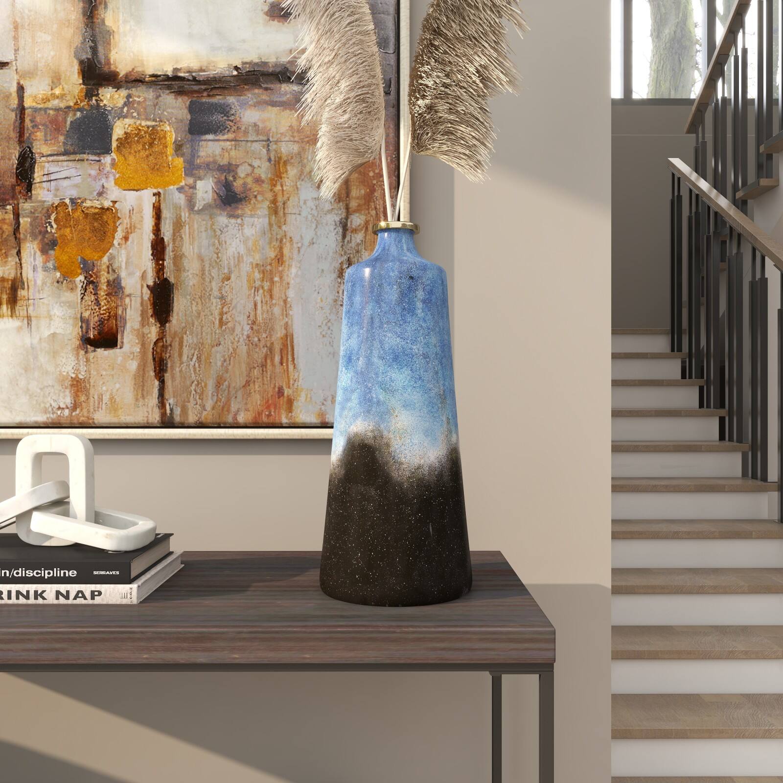 20" Blue Glass Galaxy Inspired Abstract Vase with Gold Top