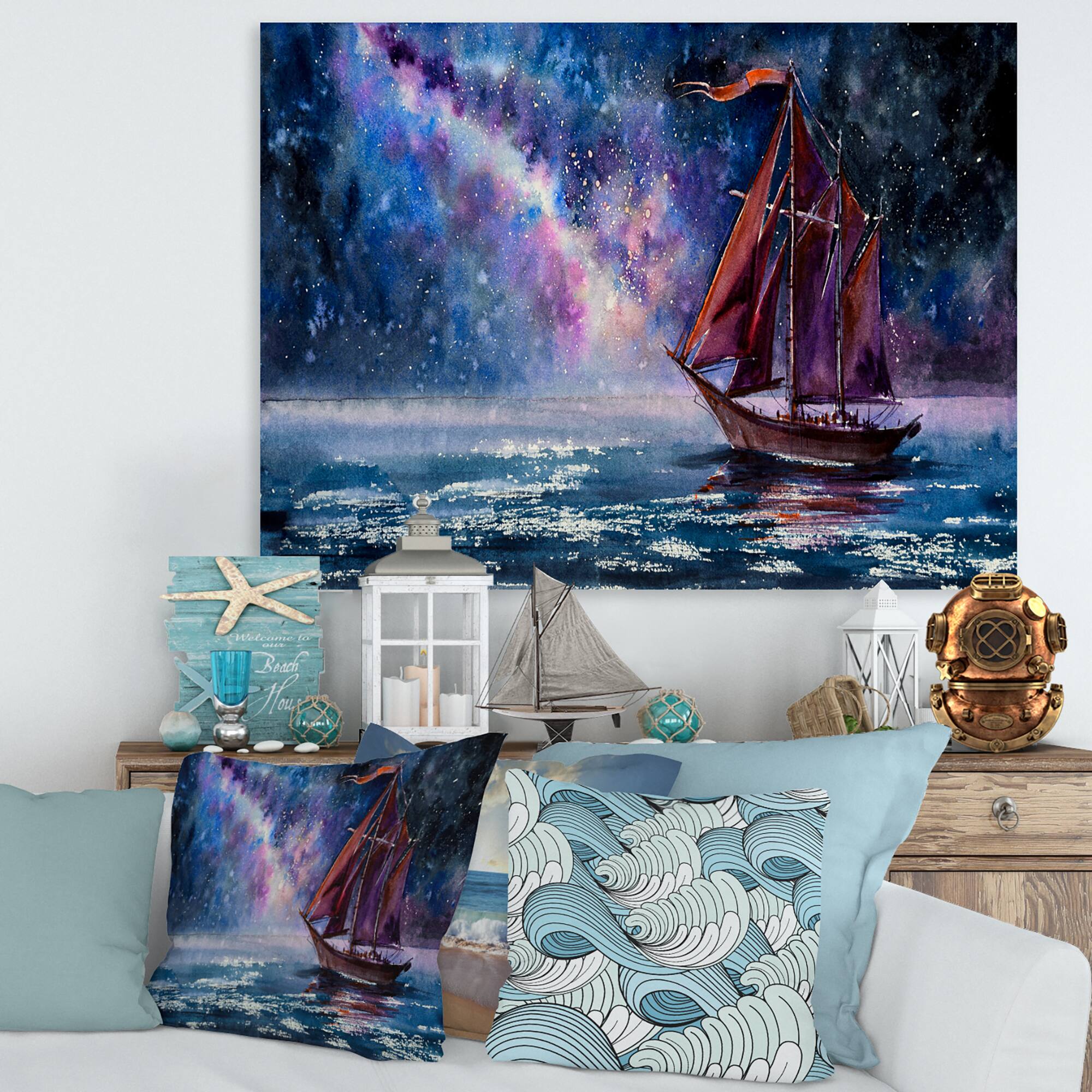 Designart - Wooden Sailboat With Red Sails &#x26; Bright Night Sky - Nautical &#x26; Coastal Canvas Wall Art Print