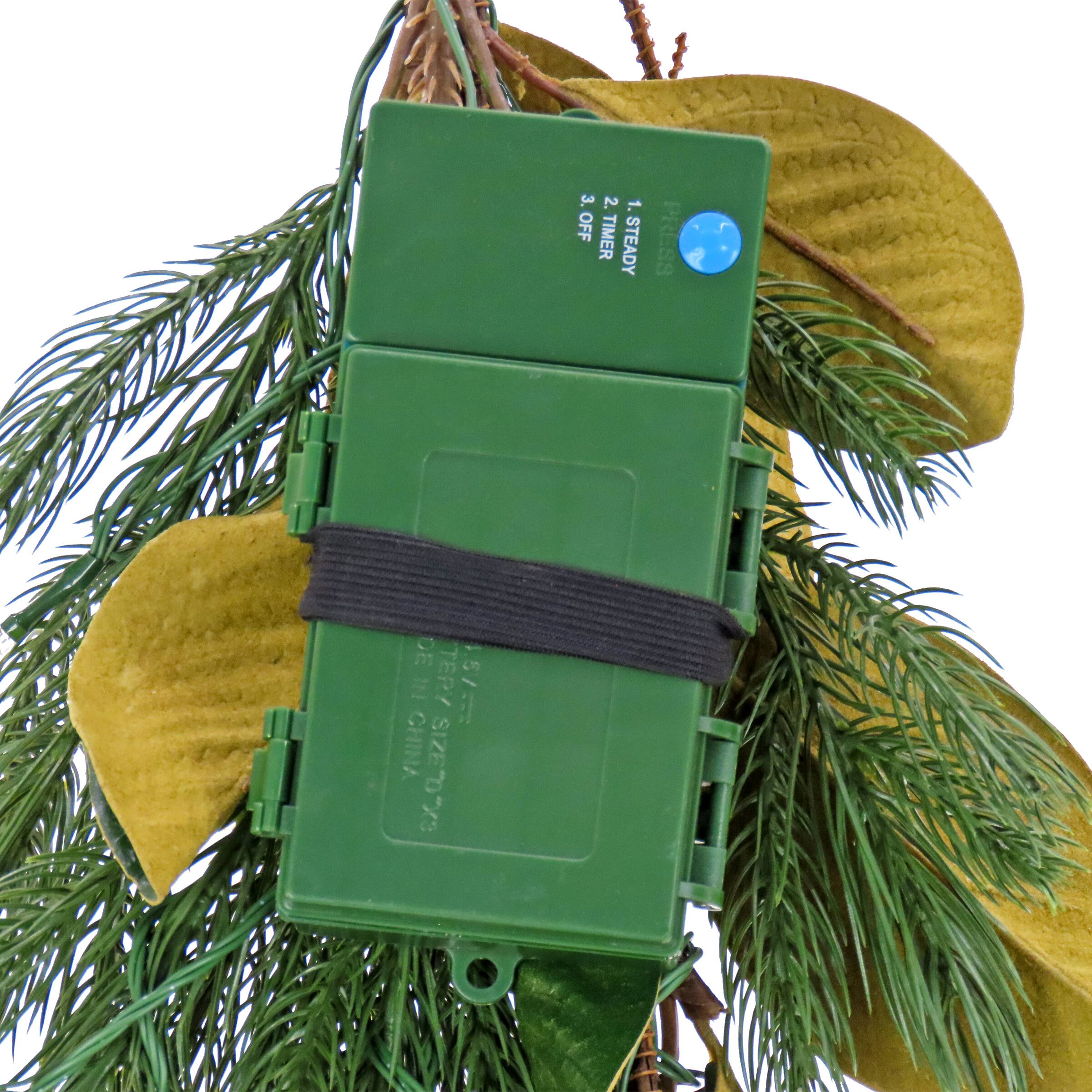 9" Christmas Magnolia Mix Pine Garland with Fabric Bow, Warm White LED Lights