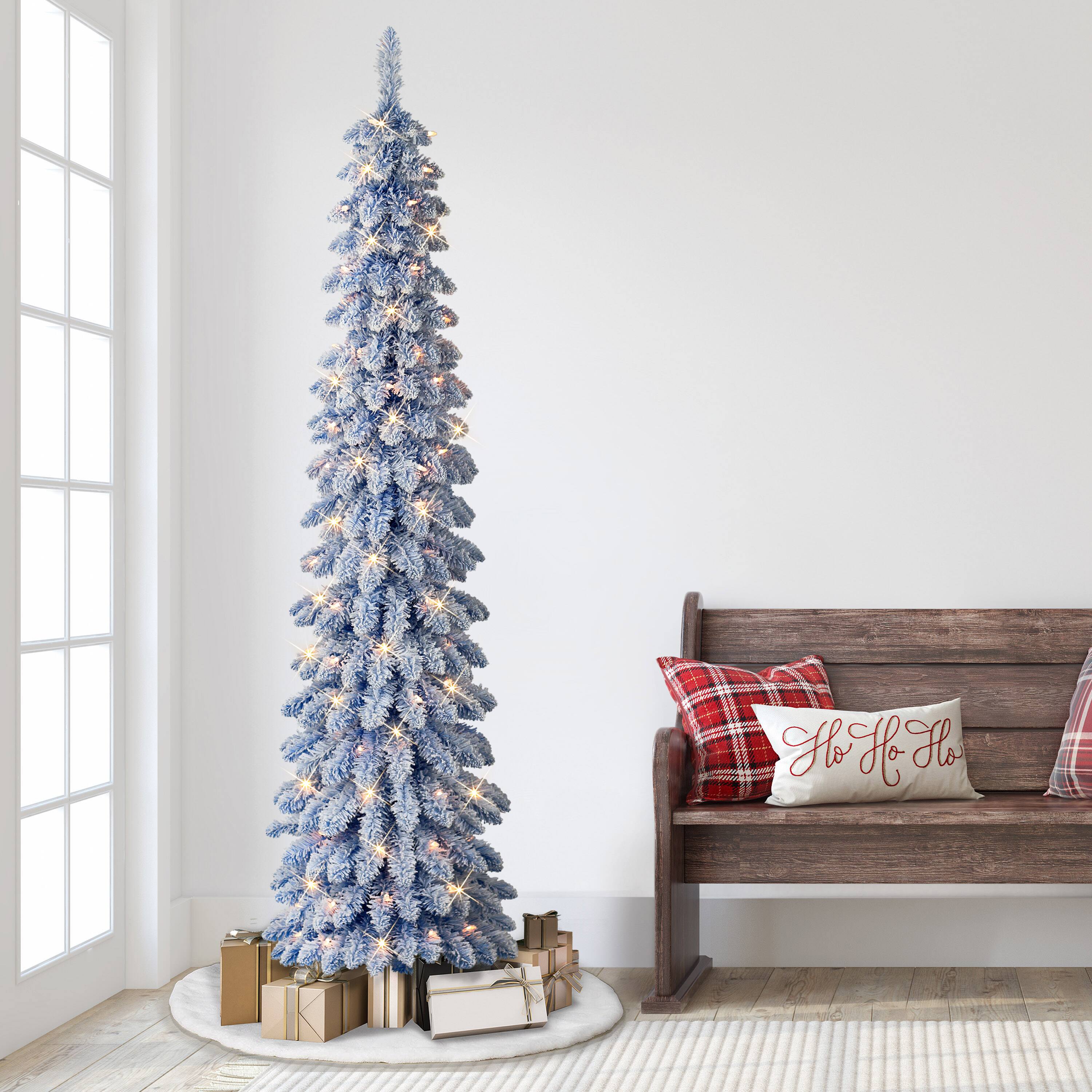 7ft. Pre-Lit Flocked Blue Artificial Alpine Pencil Christmas Tree, Clear Lights