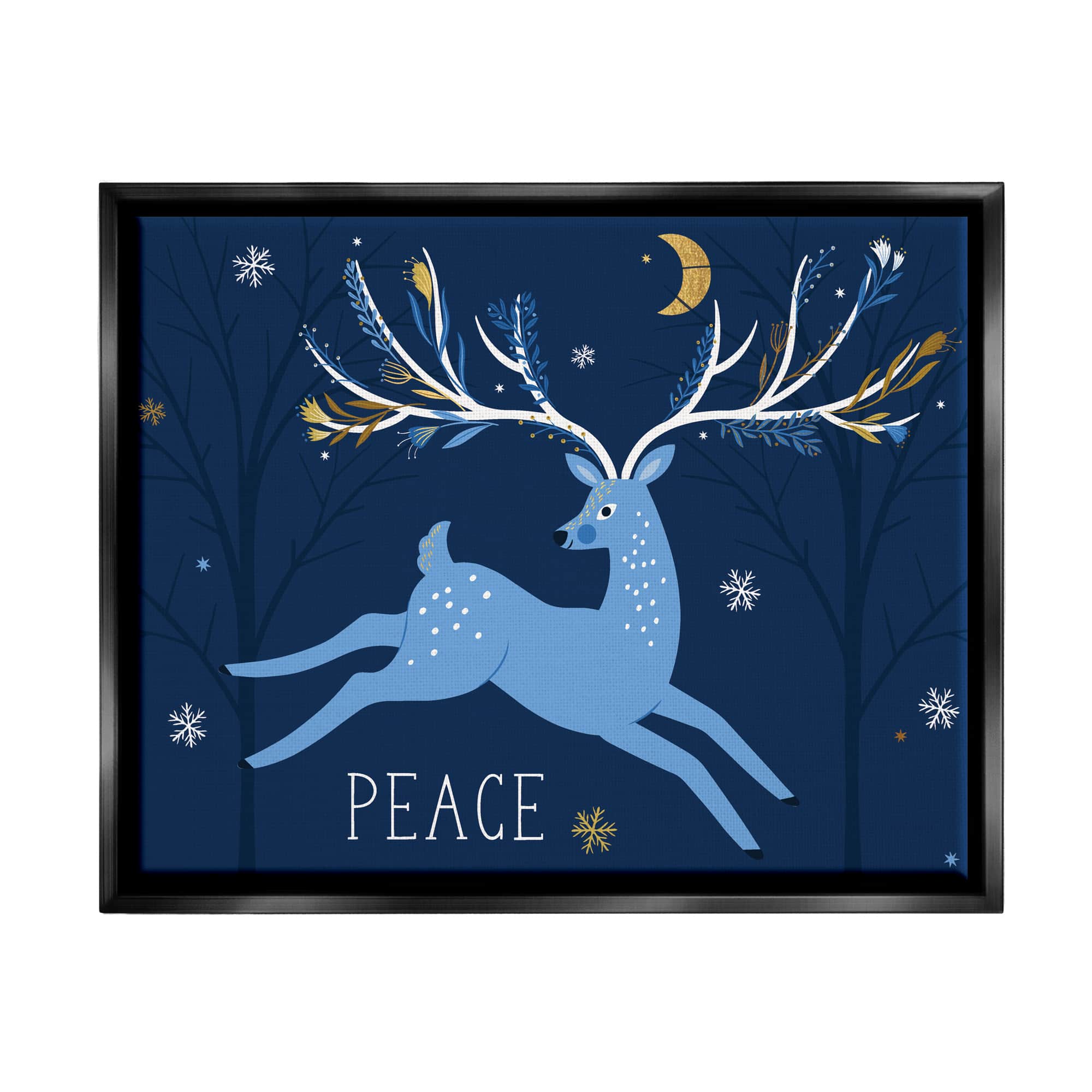 Stupell Industries Peace Jumping Deer Snowflakes Framed Floater Canvas Wall Art