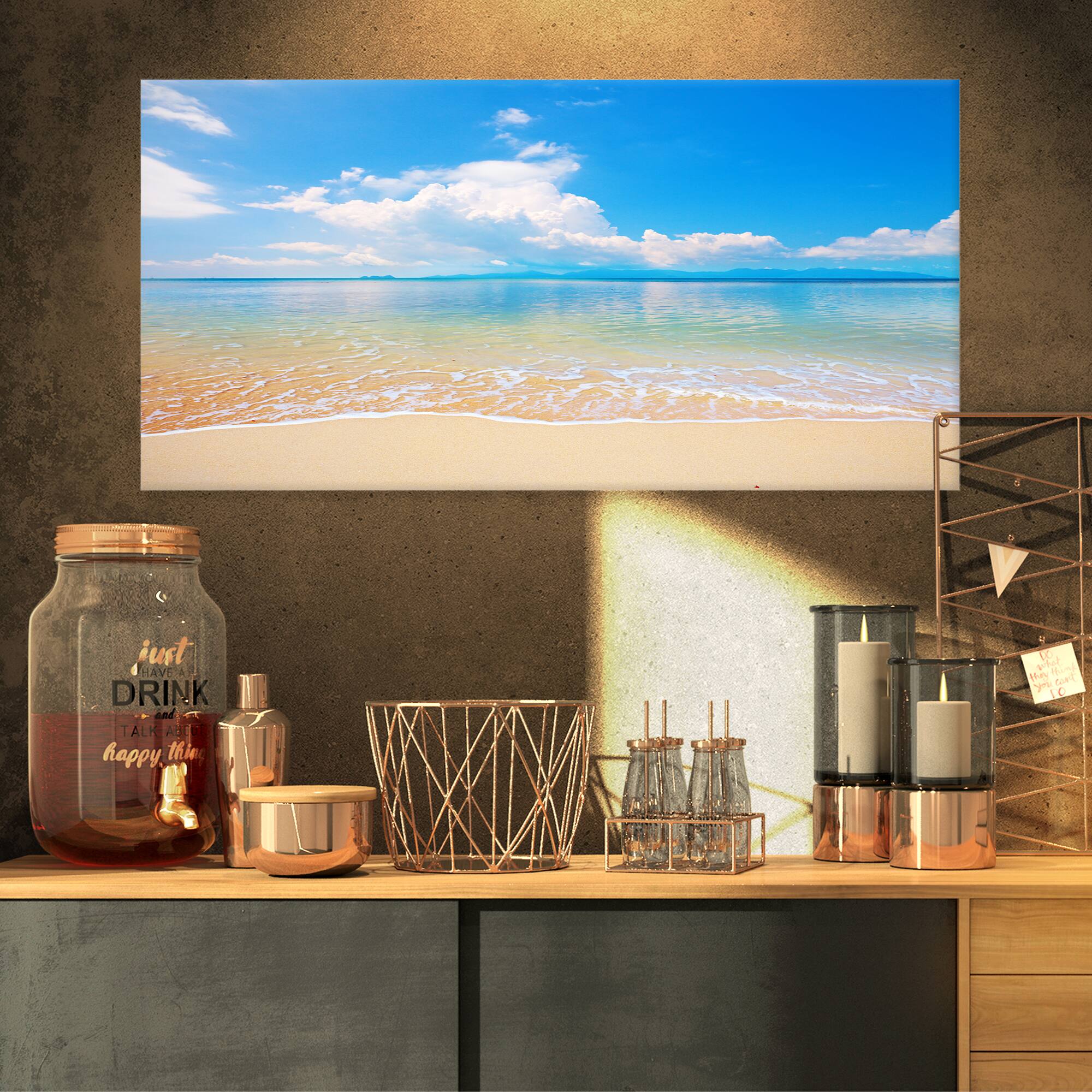 Designart - Large Clouds Over Calm Beach - Seashore Photo Canvas Print