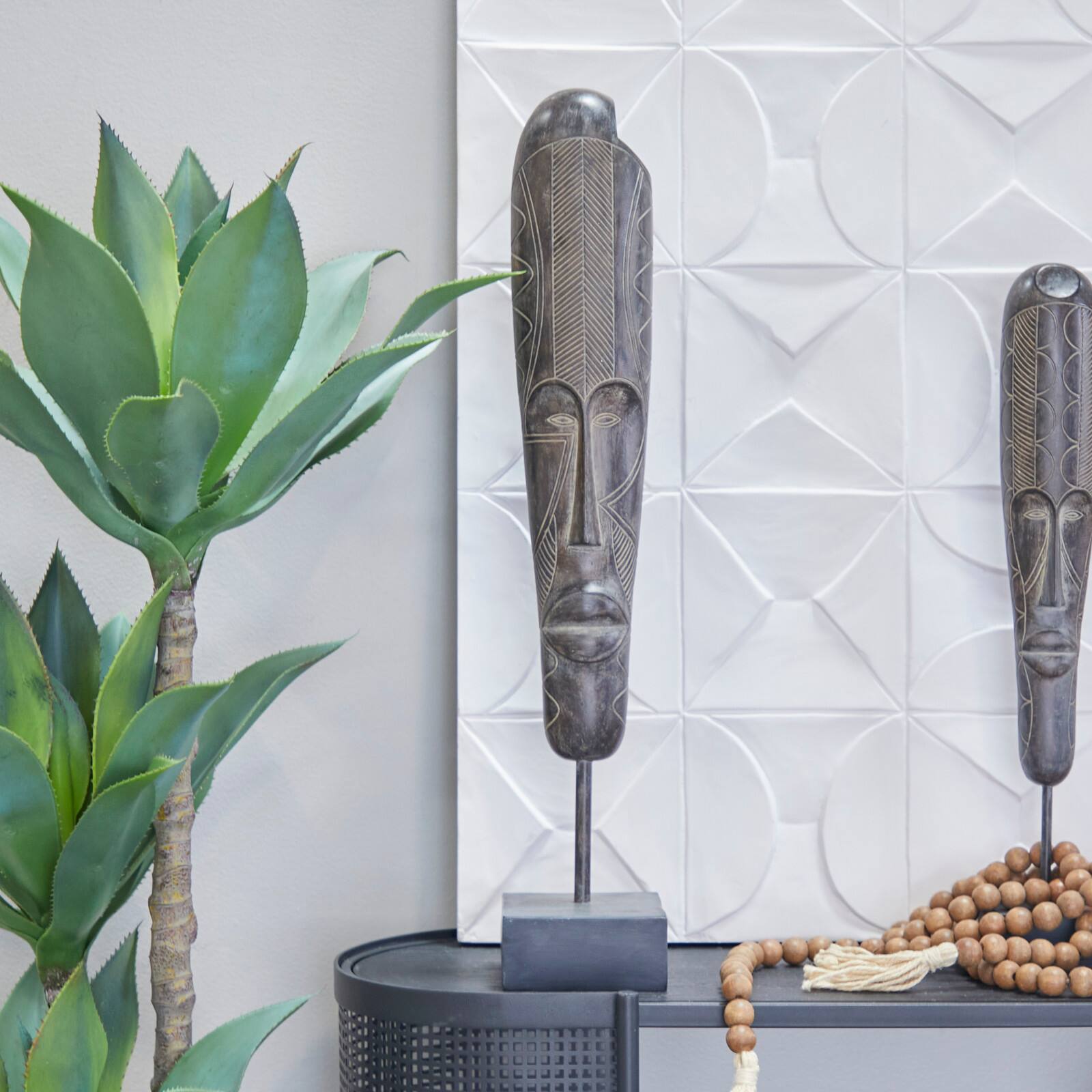 30" Brown Polystone Primitive Mask Sculpture