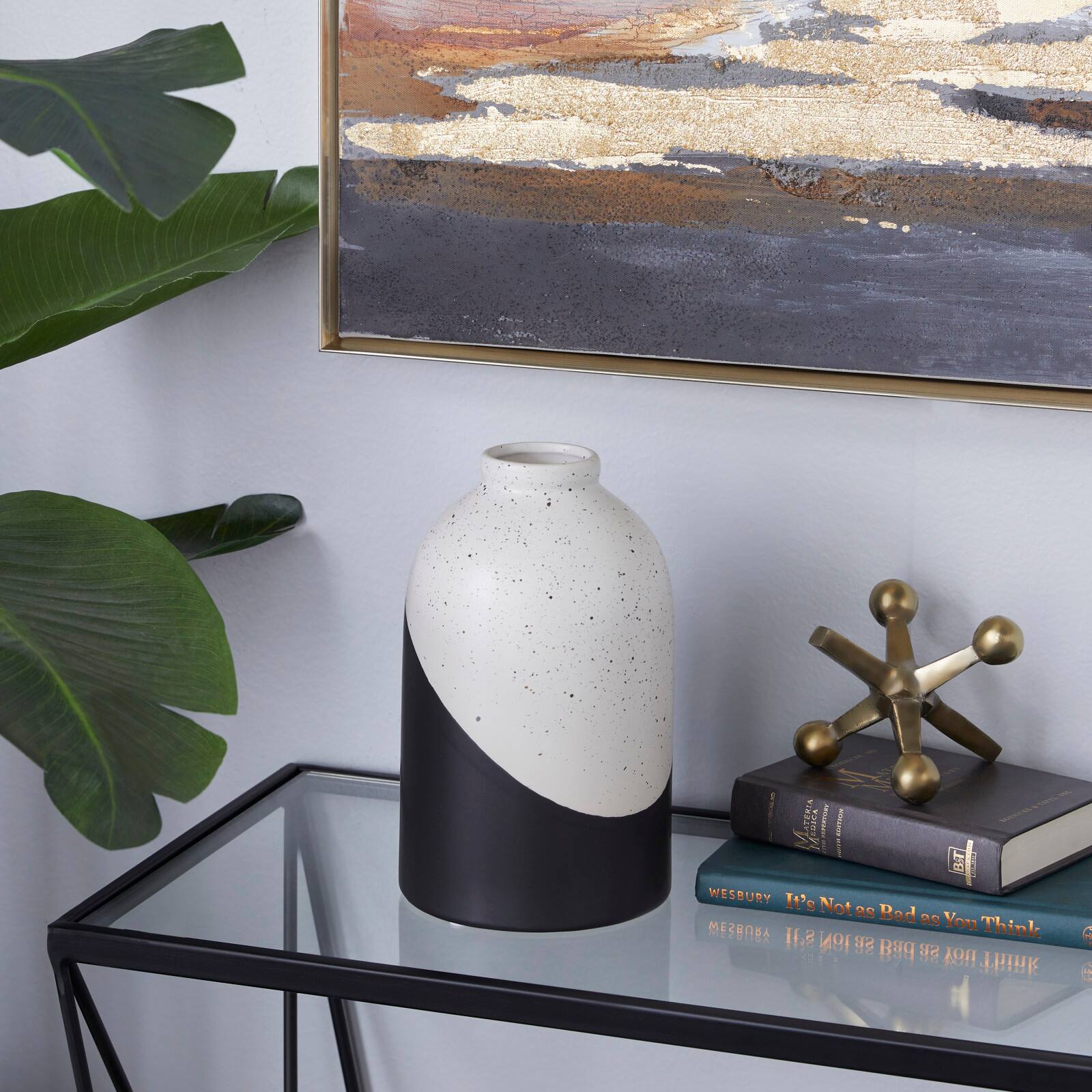 Black Ceramic Contemporary Vase, 10" x 6" x 6"