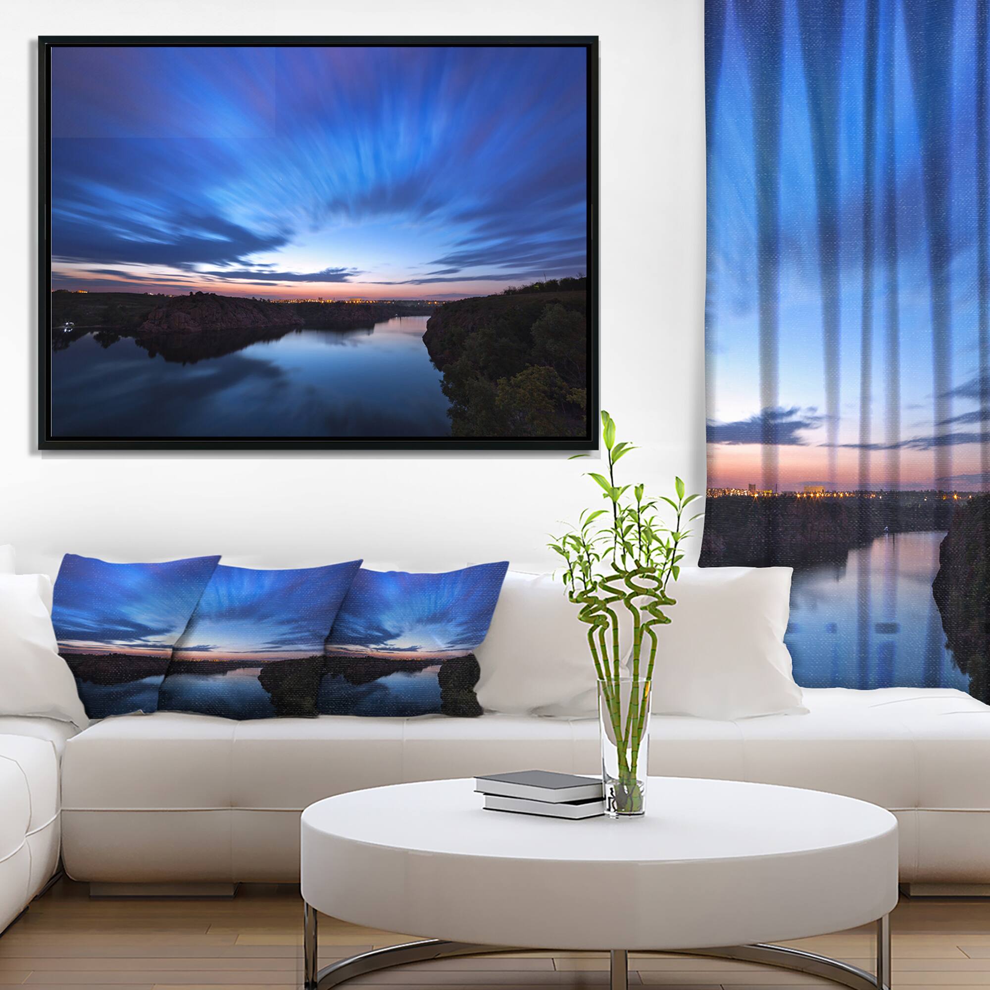 Designart - Blue Night Sky with River - Landscape Photo Canvas Art Print in Black Frame